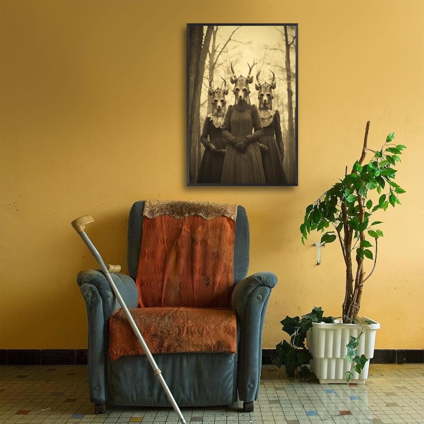 Vintage Horror Skeleton Spooky Three Skull In Occult Forest Posters Canvas Wall Art Poster Gothic Dark Academia Decor Creepy Print Retro Halloween Wall Decor 12X16inch Aluminum Framed