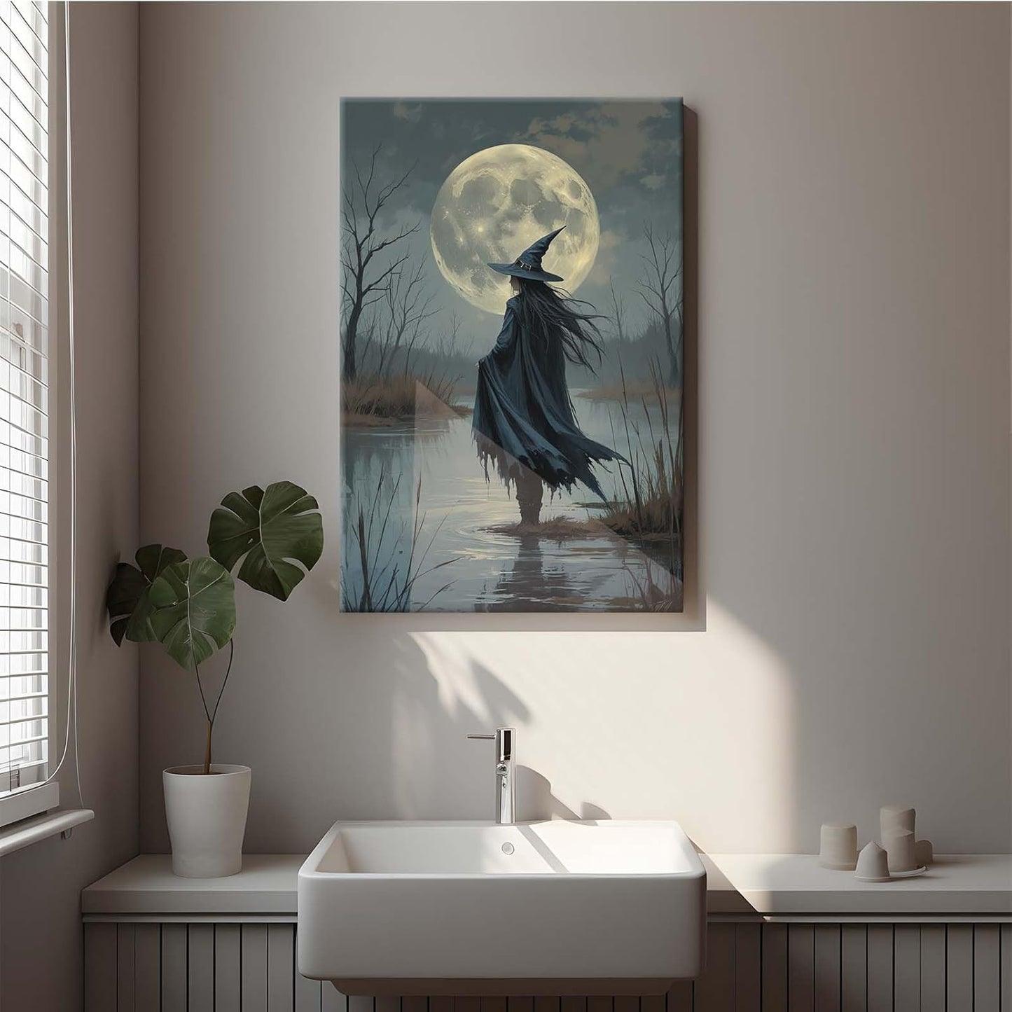 Witch in the moonlight magic canvas wall art enchanting Halloween home decor swamp witch silhouette oil painting mysterious gothic aesthetic wall decor print poster24x36in Wood Framed