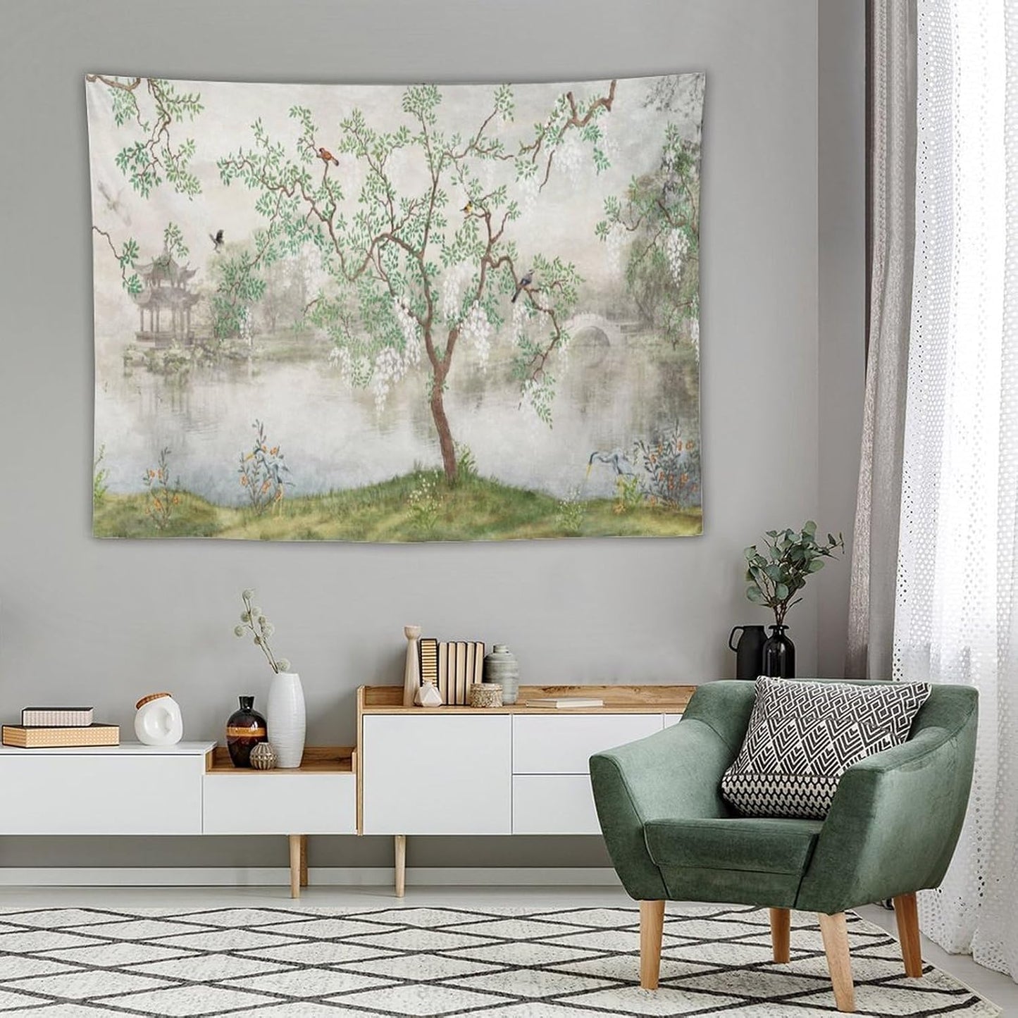 HZOHNAGO Japanese Tapestry Tree Misty Garden Lake Printed Wall Tapestry Ink Painting Wall Hanging for Bedroom Living Room Dorm 80" W x 60" H