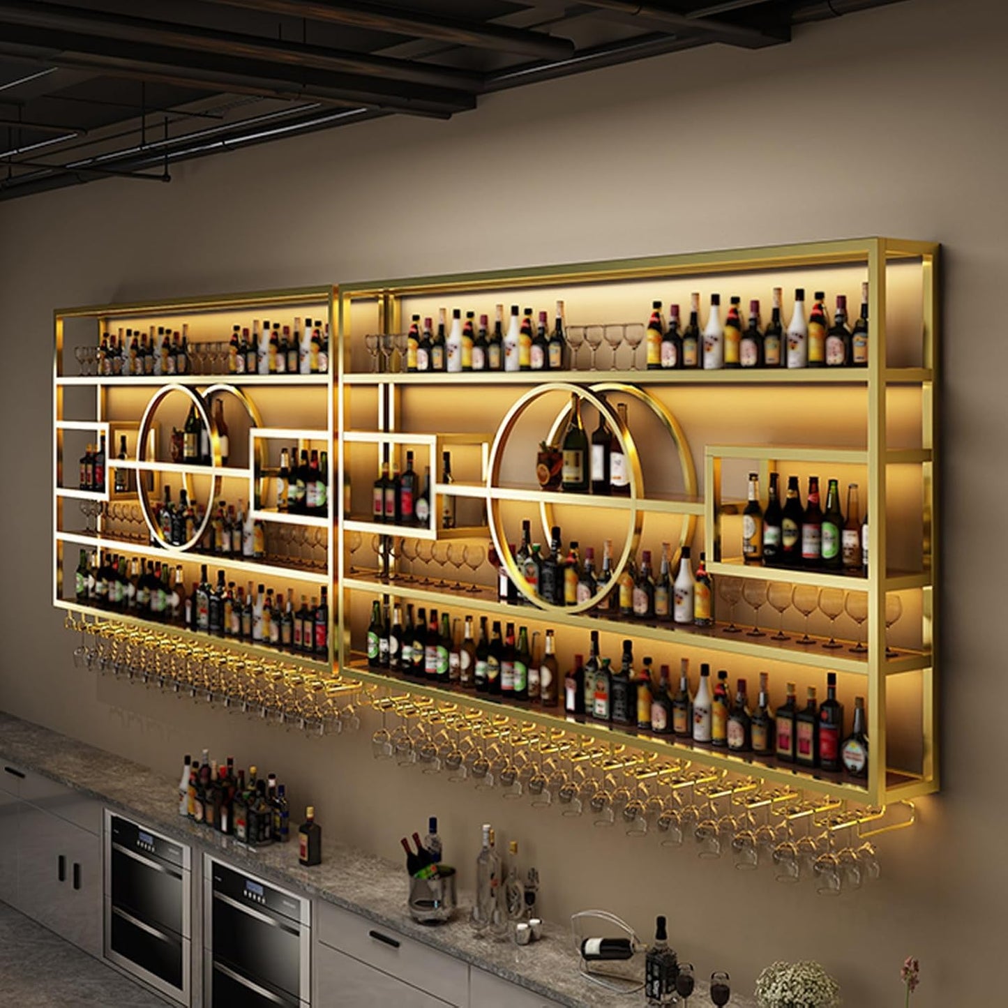 63in Wall Mounted Wine Rack, Modern Metal Wine Bottle and Glass Holder, Iron Display Stand Decorative Wine Rack, for Bar Living Room Dining Room Background (Gold, 63 * 8 * 51INCHES)