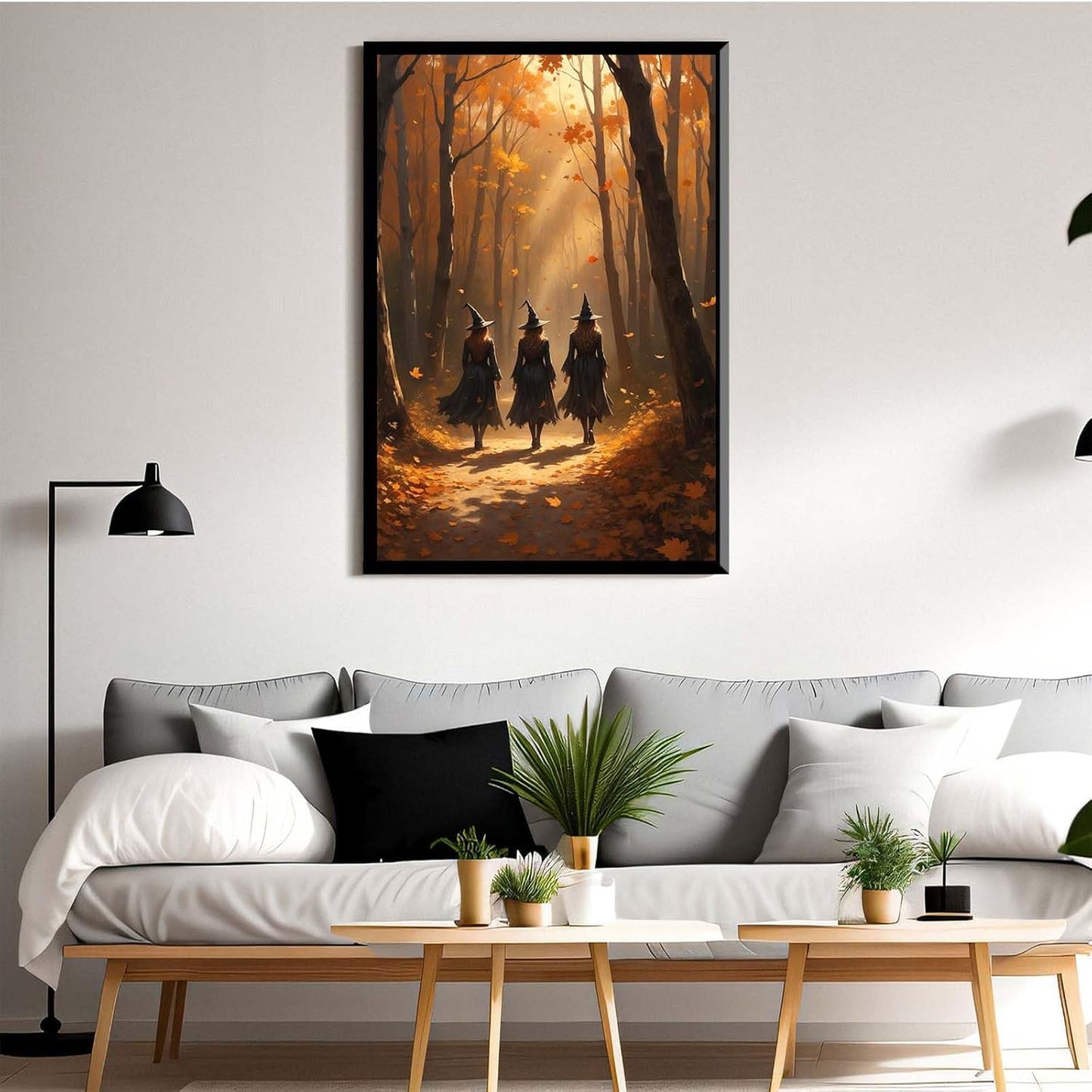 JFHCQJPK Three witches walking in the forest in autumn canvas painting gothic poster halloween print country witch wall art for home decoration8x12in Metal blackFramed