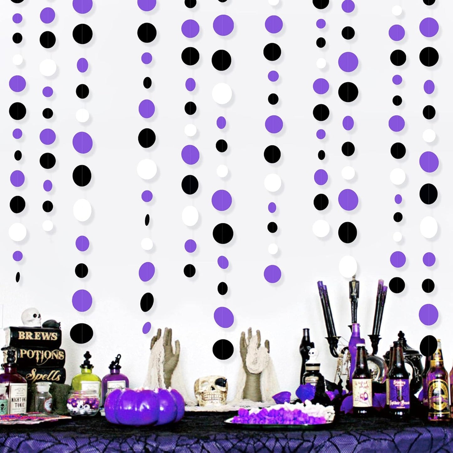46Ft Purple Black Circle Dots Garlands Black Purple and White Polka Dot Hanging Paper Streamer Banners for Birthday Graduation Wedding Bridal Shower Baby Shower Halloween Party Decorations Supplies