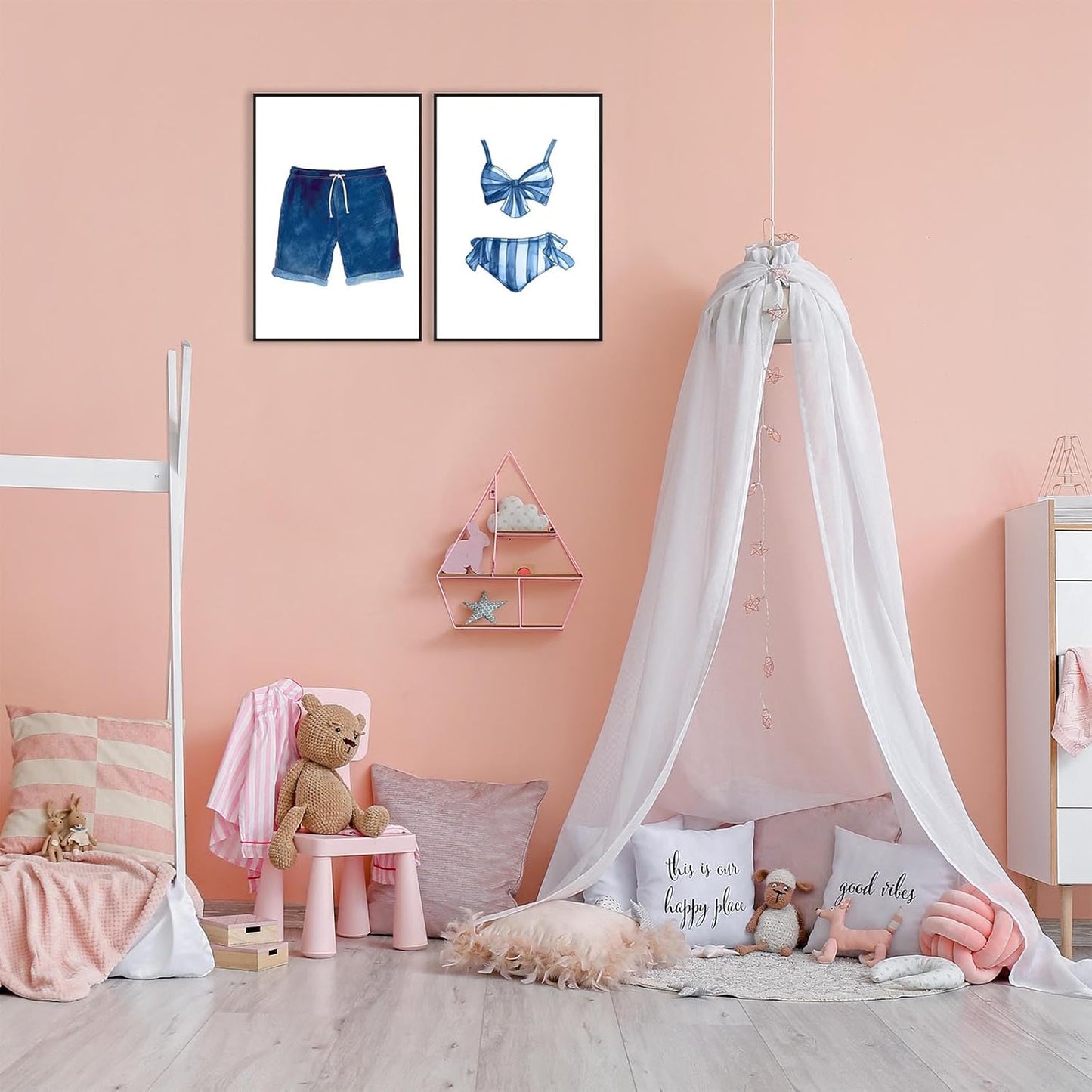 Liyark Set of 2 Retro Navy Blue And White Swimsuit Art Posters Beach Bathing Suit Prints Painting Beach House Wall Art Coastal Wall Decor Pictures For Bathroom Home Decoration 16x24in Framed