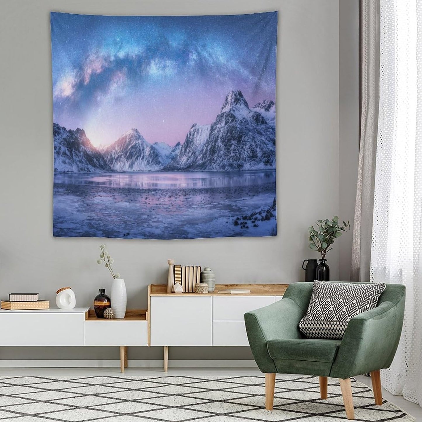 HZOHNAGO Mountain Tapestry Aurora Snow Mountain Sunset Pattern Printed Wall Tapestry Wall Hanging for Bedroom Living Room Dorm 60" W x 60" H