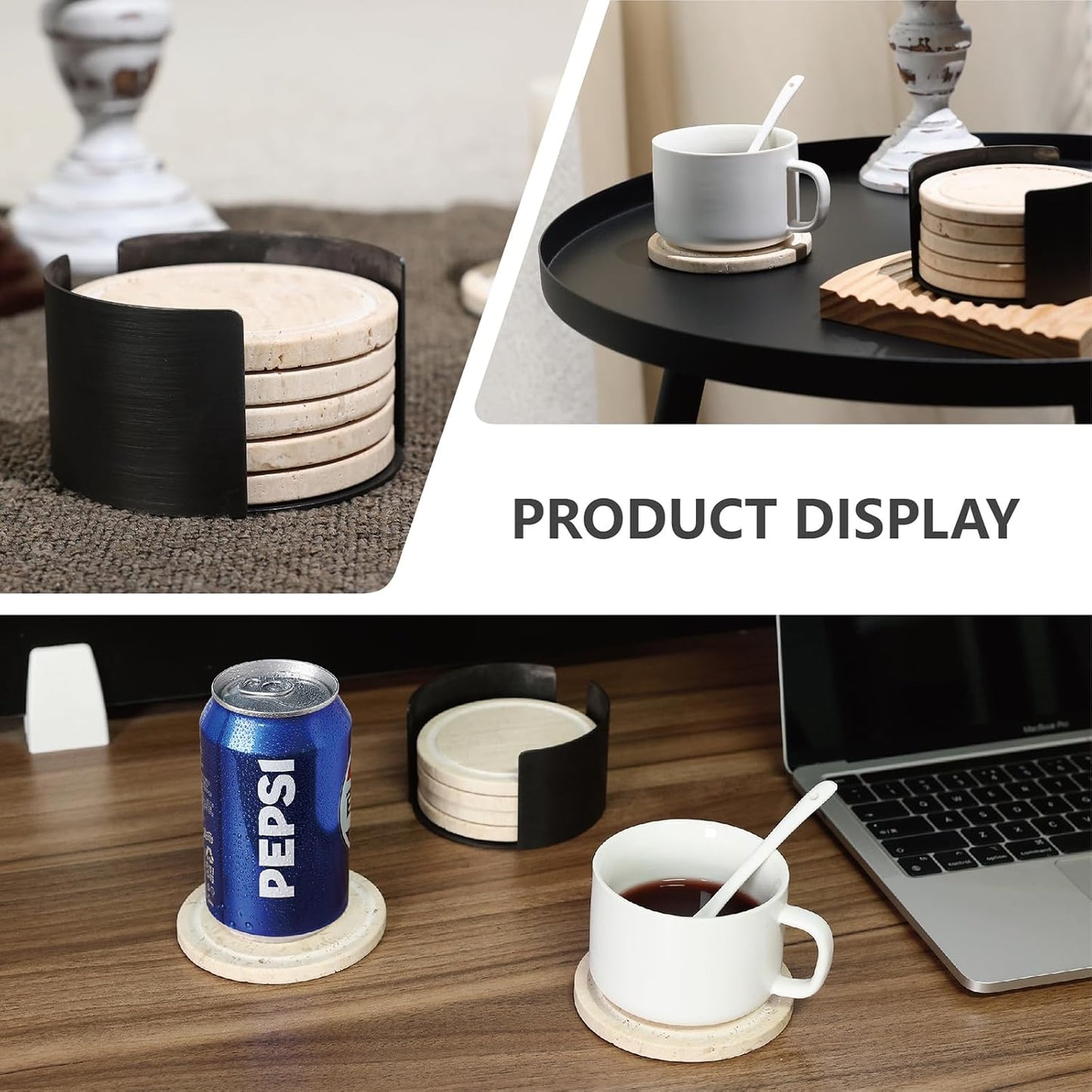 Marble Coasters Set of 6, Absorbent Stone Drink Coasters with Cork Backing, Non-Slip Modern Table Decor for Kitchen & Living Room, Natural Travertine Coasters for Drinks