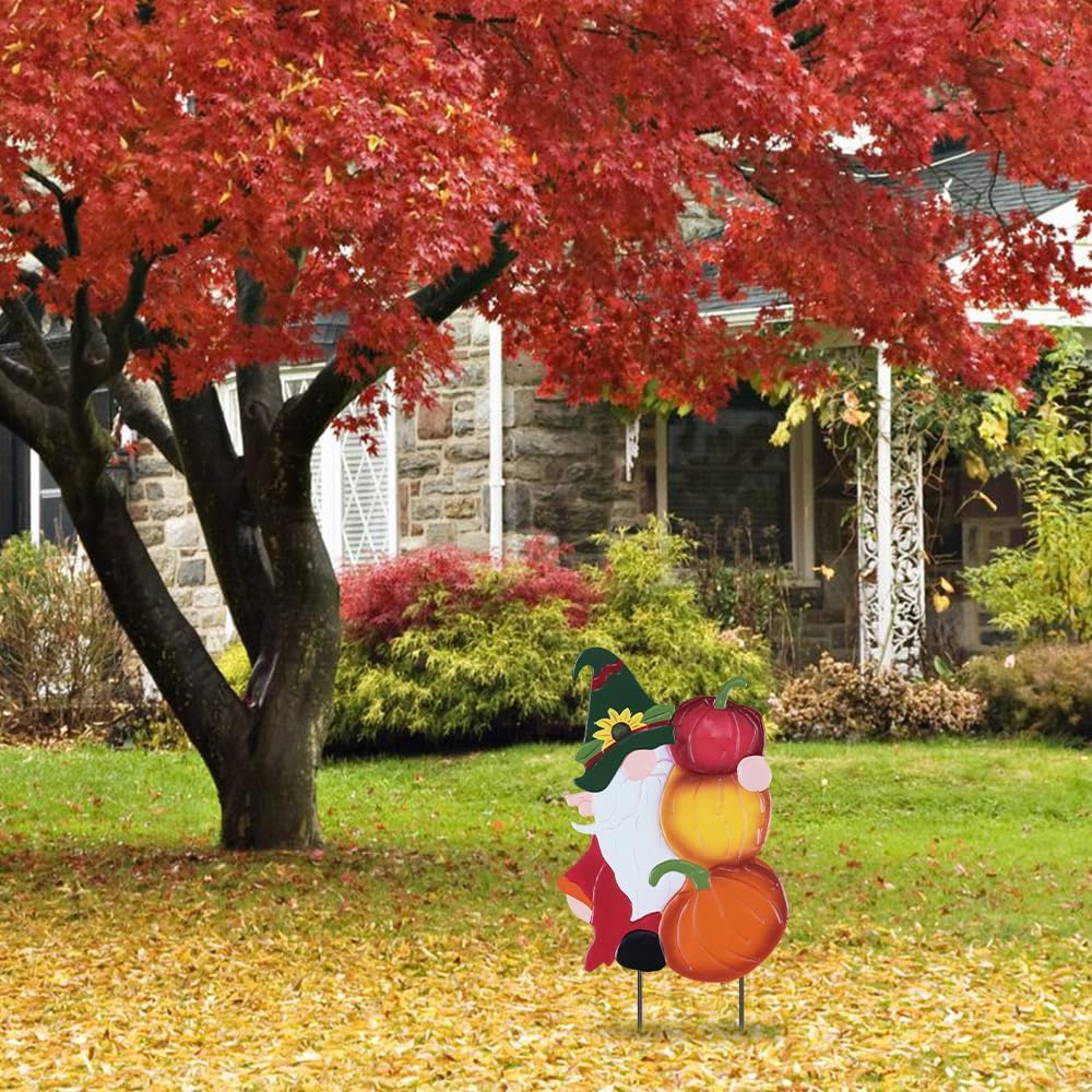 YEAHOME Fall Decorations Outdoor, Metal Gnome with Pumpkin Decorative Garden Stakes for Fall Decor, Autumn Yard Signs for Home Outside Garden Lawn Porch, Thanksgiving Decorations Outdoor (YHMD-476)