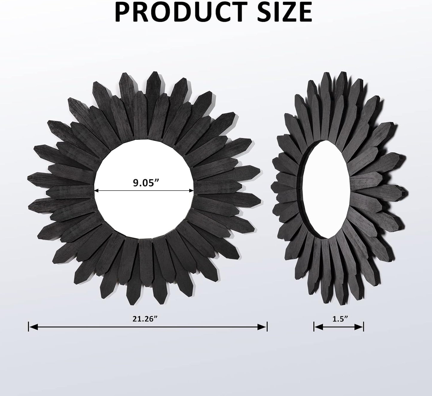 Honiway 21 inch Black Wall Decor Vintage Mirror, Boho Style, Wooden Frame, Easy to Hang, Ideal Gift