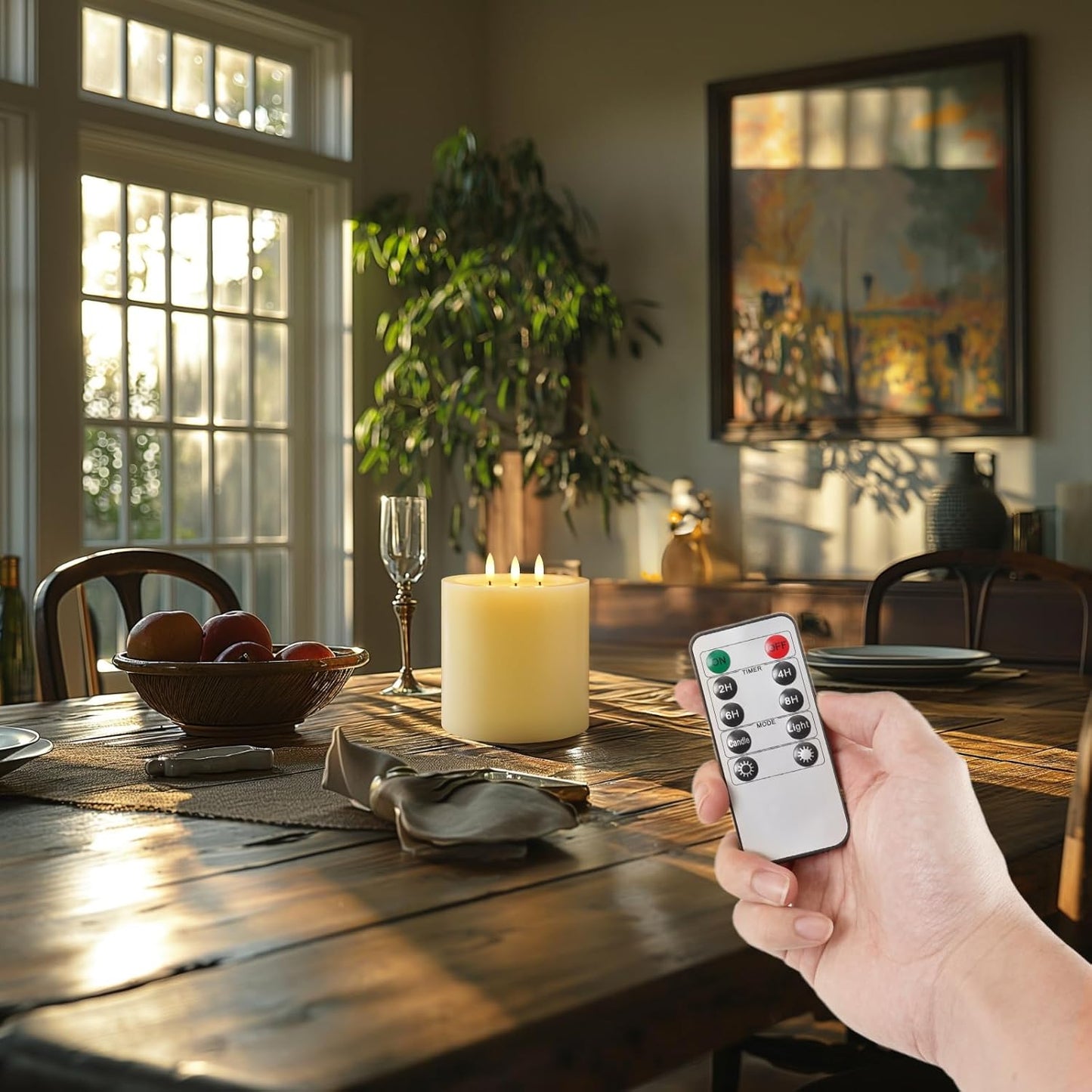 Amagic 3 Wicks Extra Large Flameless Candles, Battery Operated Candles with Remote Control and Timers, 6-inch Diameter LED Pillar Candles, Real Wax, Liquid Effect, Ivory, 6"x6"