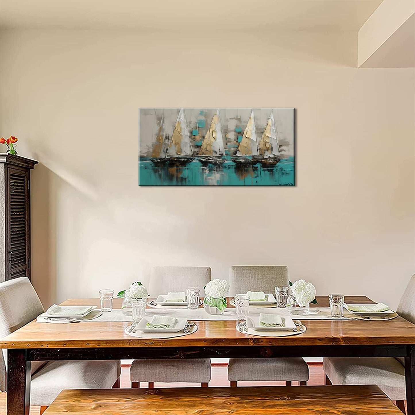 LASMOND Framed canvas wall art Large Boats for living room Nature bedroom Decor Ocean landscape sailboat Canvas painting Ready to Hang Office Home Decoration sea poster Pictures(20x40 Inches)