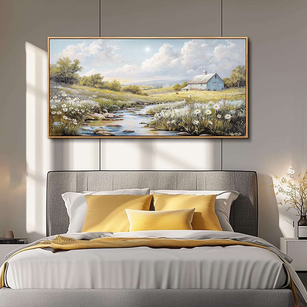 PHAOHUAXM Wood Framed Wall Art For Living Room Large Canvas Wall Decor For Bedroom Flower Watercolour Painting Office Decor Countryside Scenery Wall Picture Printing Artwork Home Decor 20x40 In