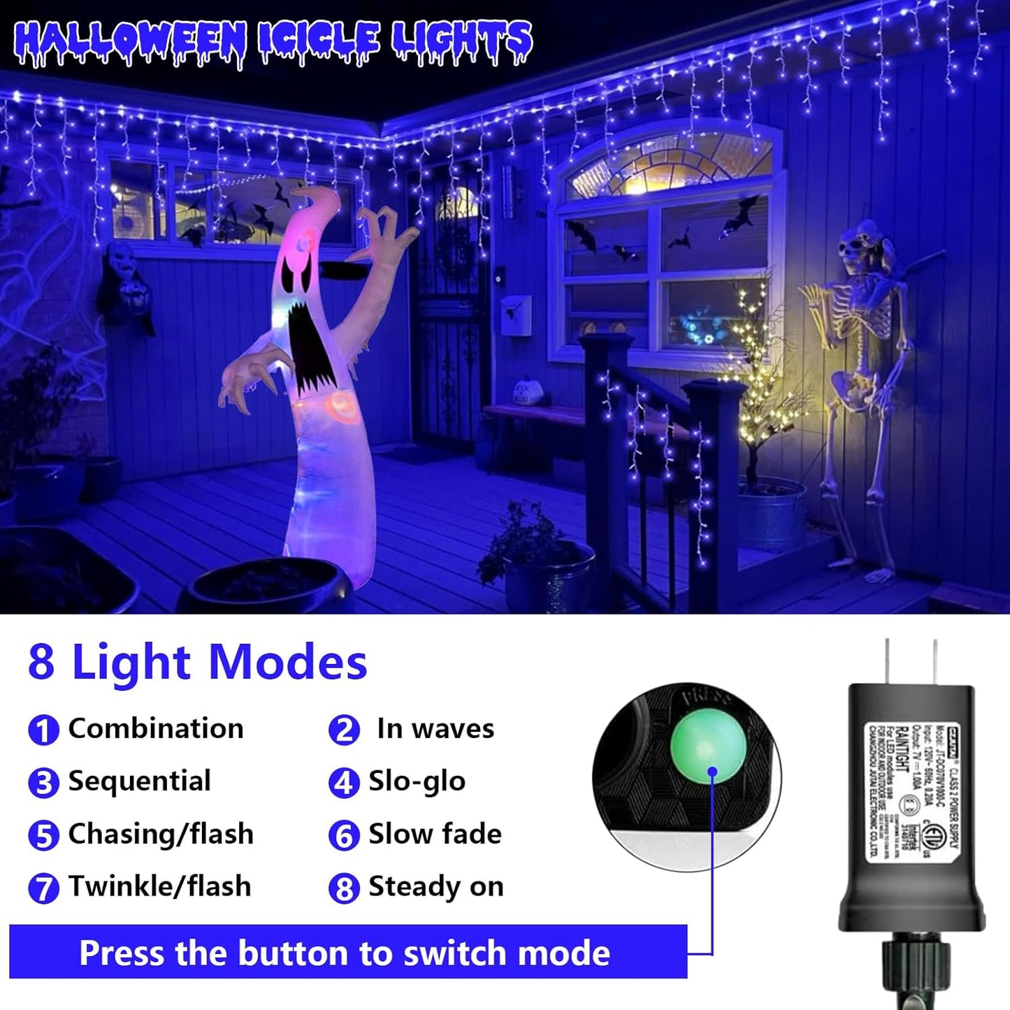QITONG Blue Icicle Lights for Outside, 66ft 800 LED Halloween Light Indoor with 160 Drops, 8 Modes Clear Wire Connectable Christmas Lights Plug in