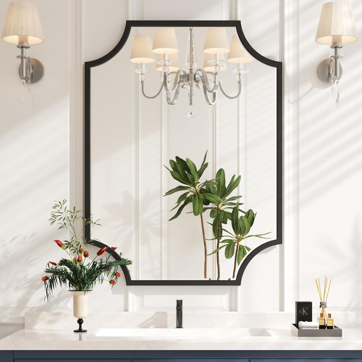 Kelly Miller 30"x40" Large Black Bathroom Mirror for Wall, Gold Scalloped Vanity Mirror Bevelled Framed Decorative Mirror for Master Bath Half Bath Entrance Hallway Fireplace Bedroom Living Room