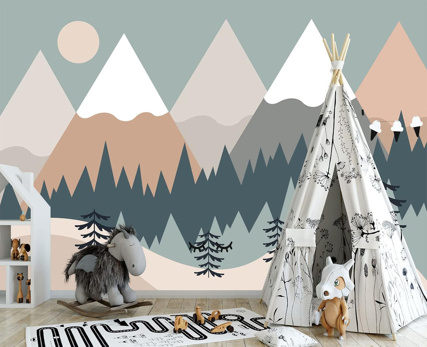 Children's Cartoon Mountain Peak Forest Sun Nursery Wall Mural Wallpaper 103" x 69"
