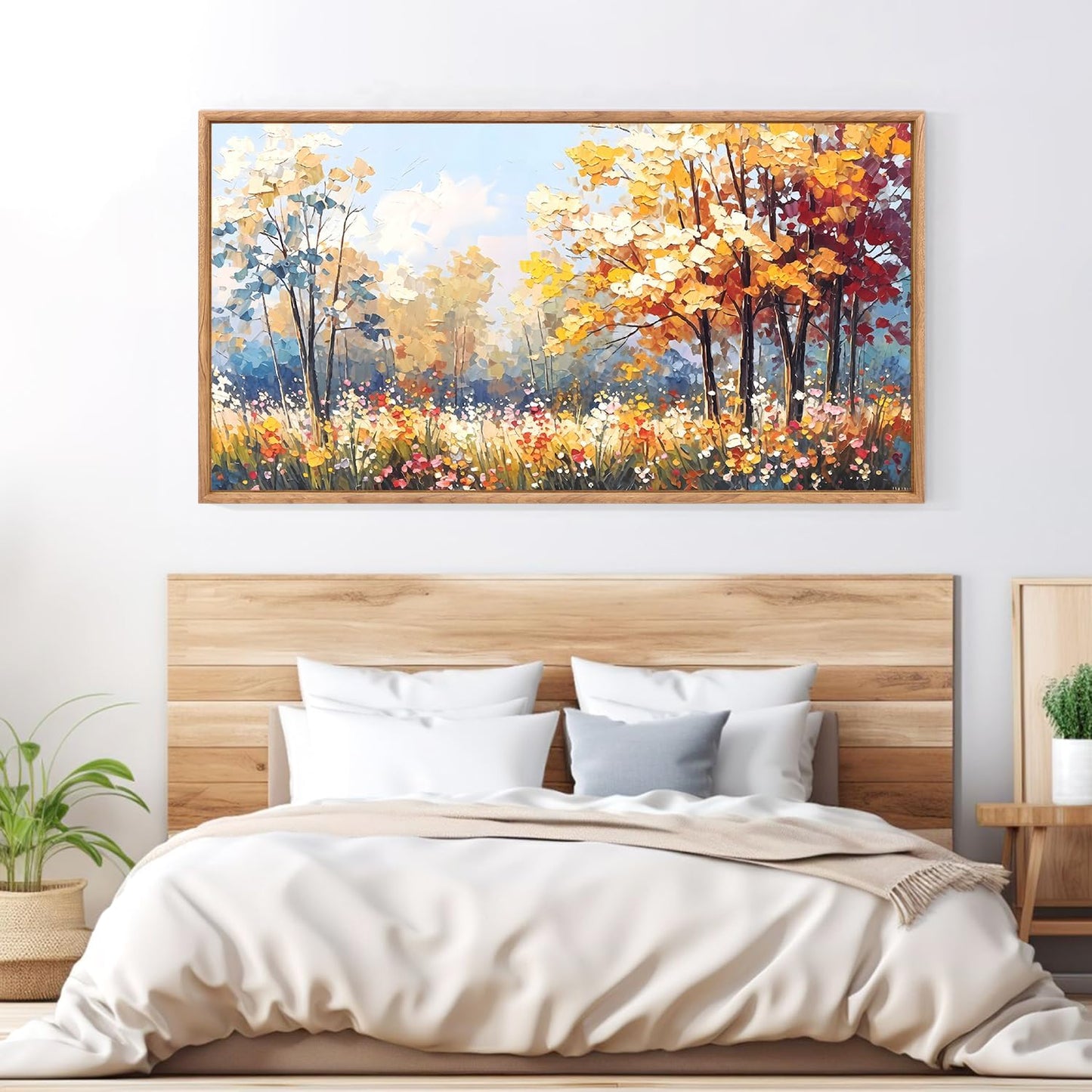 Aurlan Forest Wildflowers Landscape Hand Painted Framed Wall Decor(40"x20"), Vintage Nature Yellow Leaves Scenery 3D Textured Canvas Oil Painting, Classical Watercolor Floral Wall Art for Living Room Bedroom