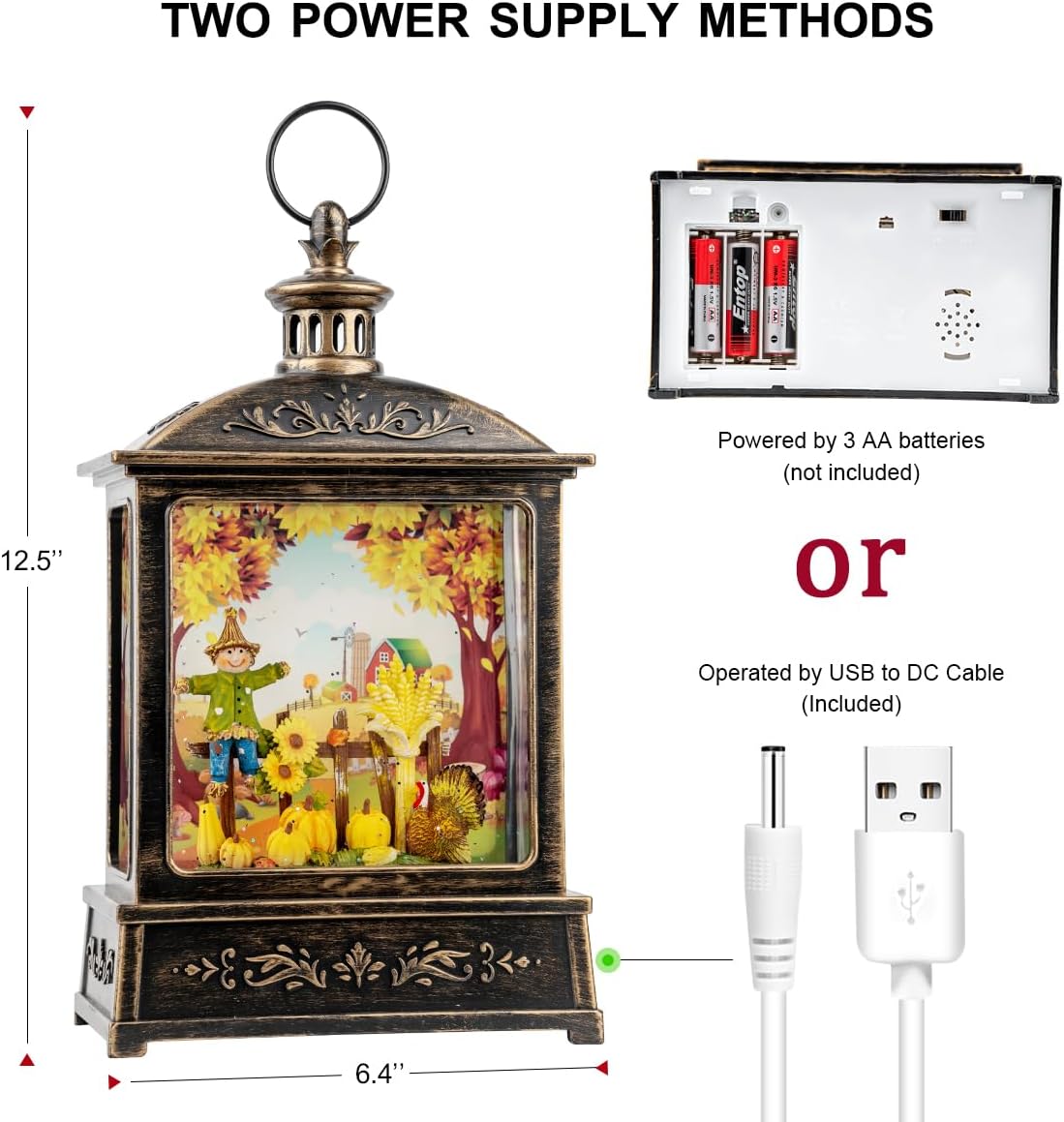 12.5'' Fall Snow Globe Lantern - Scarecrow and Turkey Lighted Water Lantern with Swirling Glitter Fall Decorations for Home, Thanksgiving, Autumn Harvest Fall Decor