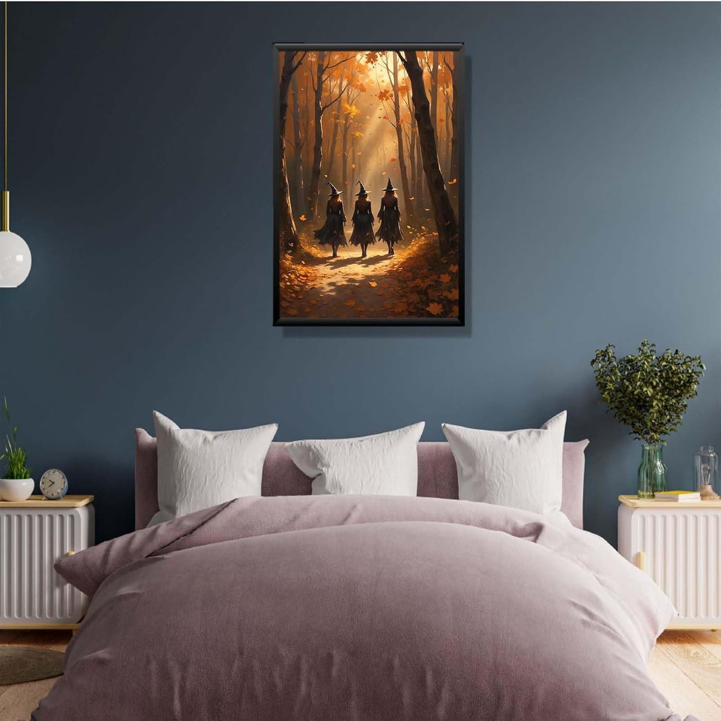 JFHCQJPK Three witches walking in the forest in autumn canvas painting gothic poster halloween print country witch wall art for home decoration20x30in Metal blackFramed