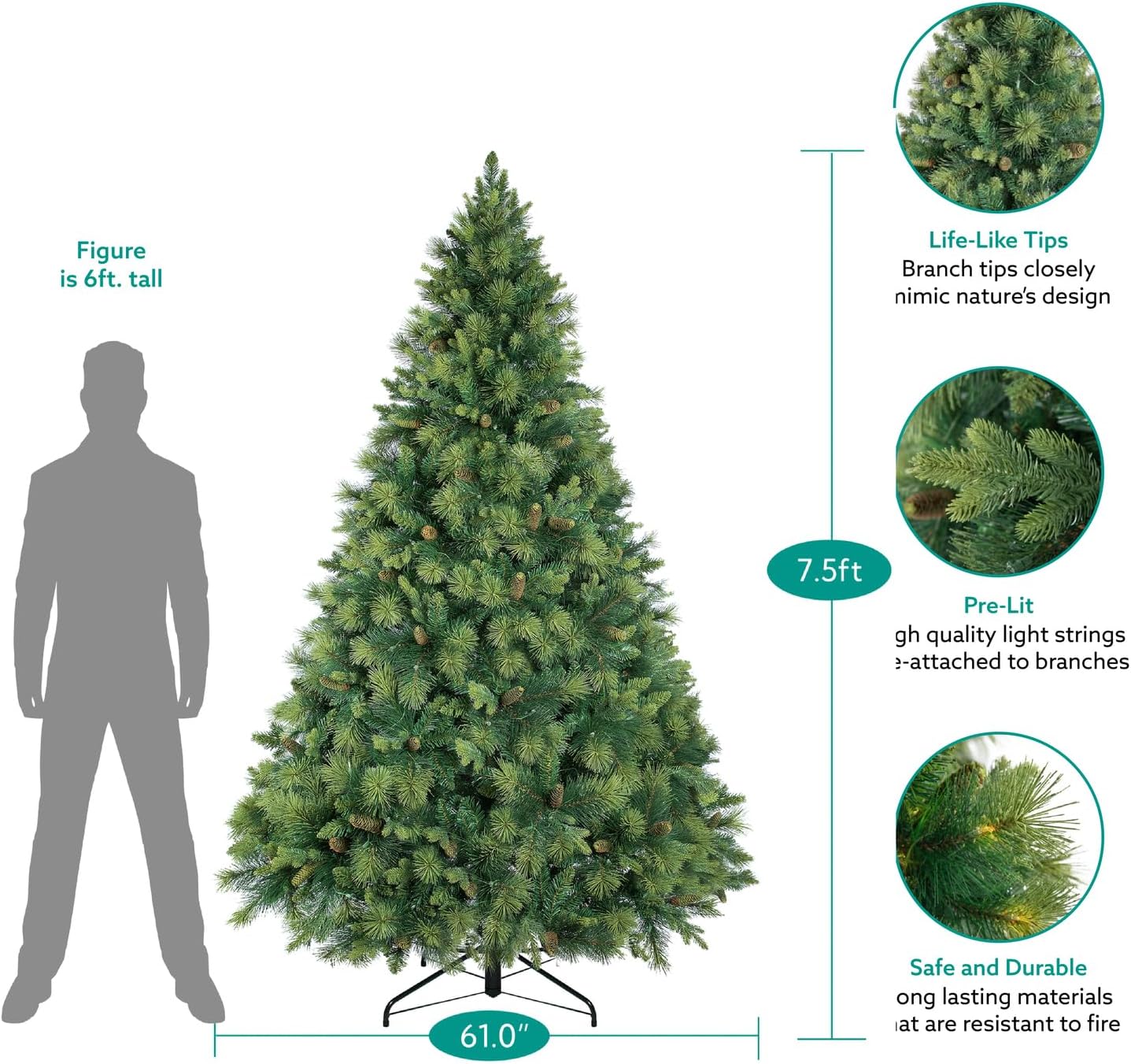 Naomi Home Vail 7.5ft Prelit Artificial Christmas Tree with Pine Cones, Foot Pedal, 1556 Branch Tips, 750 Warm Lights and Metal Stand, 61" Wide Realistic Traditional Christmas Tree with Lights