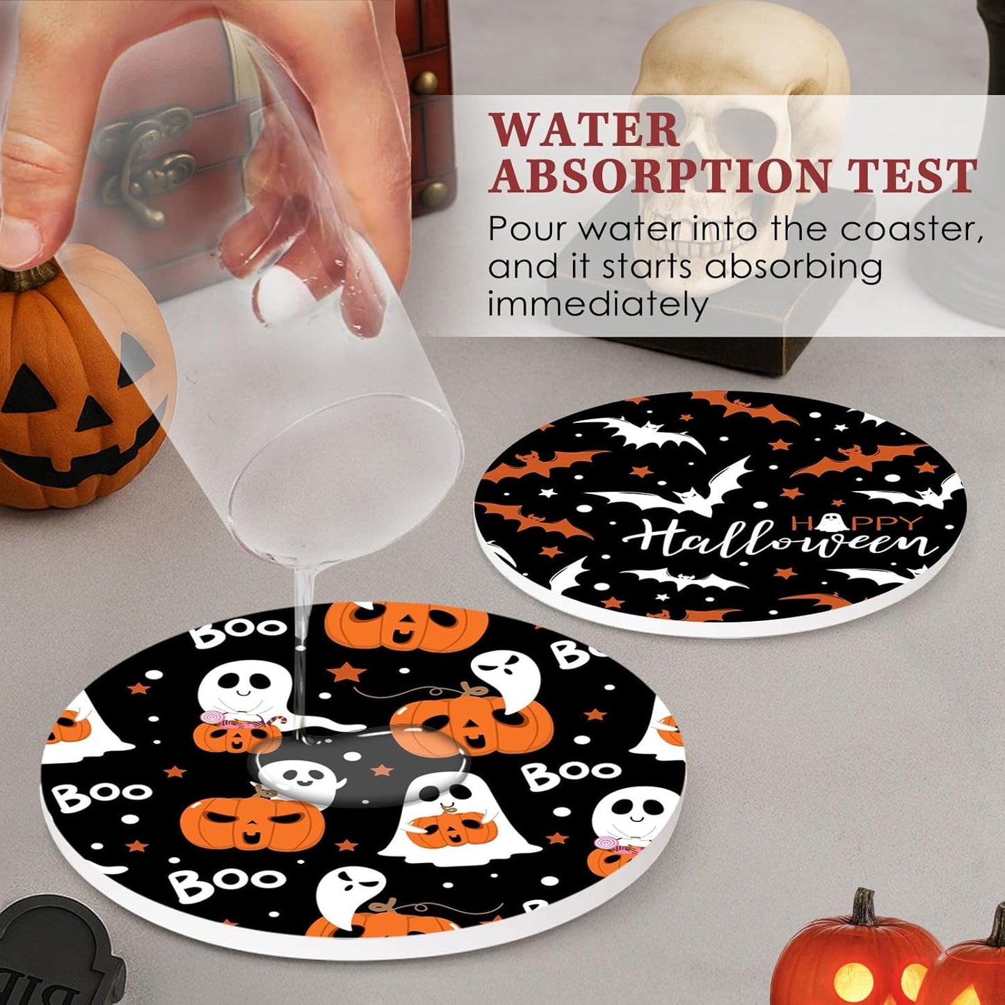 Coaster for Drinks Set of 6, Halloween Ghost Pumpkins Bats Holiday Black Absorbent Round Ceramic Stone Mat, with Cork Base and Metal Holder, Gift for Housewarming Room Bar Decor