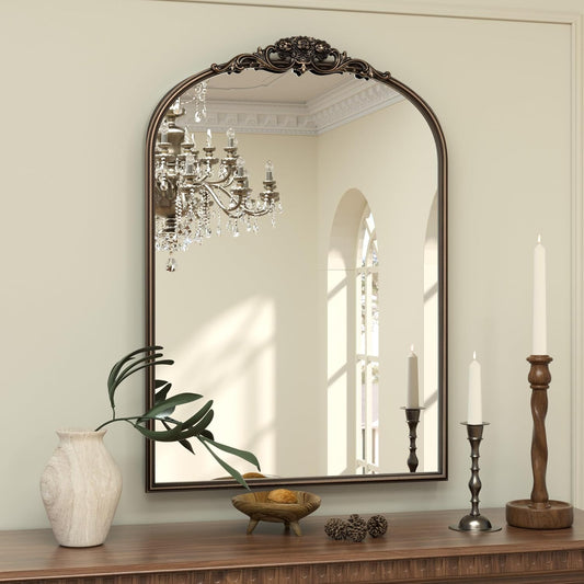 Keonjinn Vintage Mirror for Wall, 24" x 36" Bronze Antique Mirrors with Metal Frame, Baroque Style Decoration for Mantle, Bathroom, Living Room, Fireplace, Bedroom, French Cleat Mounting
