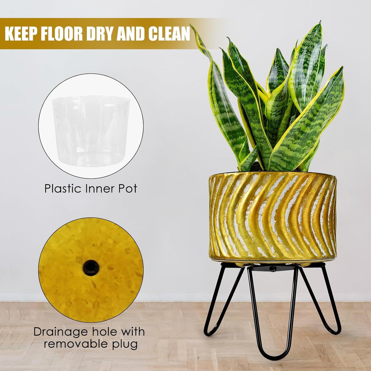 Harvest Land Plant Pots with Stand, Set of 2 Large Modern Planters Metal Tall Handmade Flower Pots with Drainage Holes Indoor Outdoor,Gold