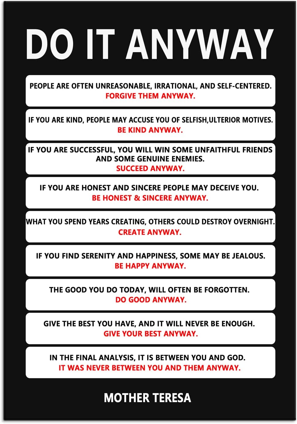 Motivational Wall Art Do It Anyway Inspirational Poster Mother Teresa Quote Canvas Prints Artwork for Office Living Room Modern Home Decor Painting Pictures Stretched and Framed [24''Wx 36''H]