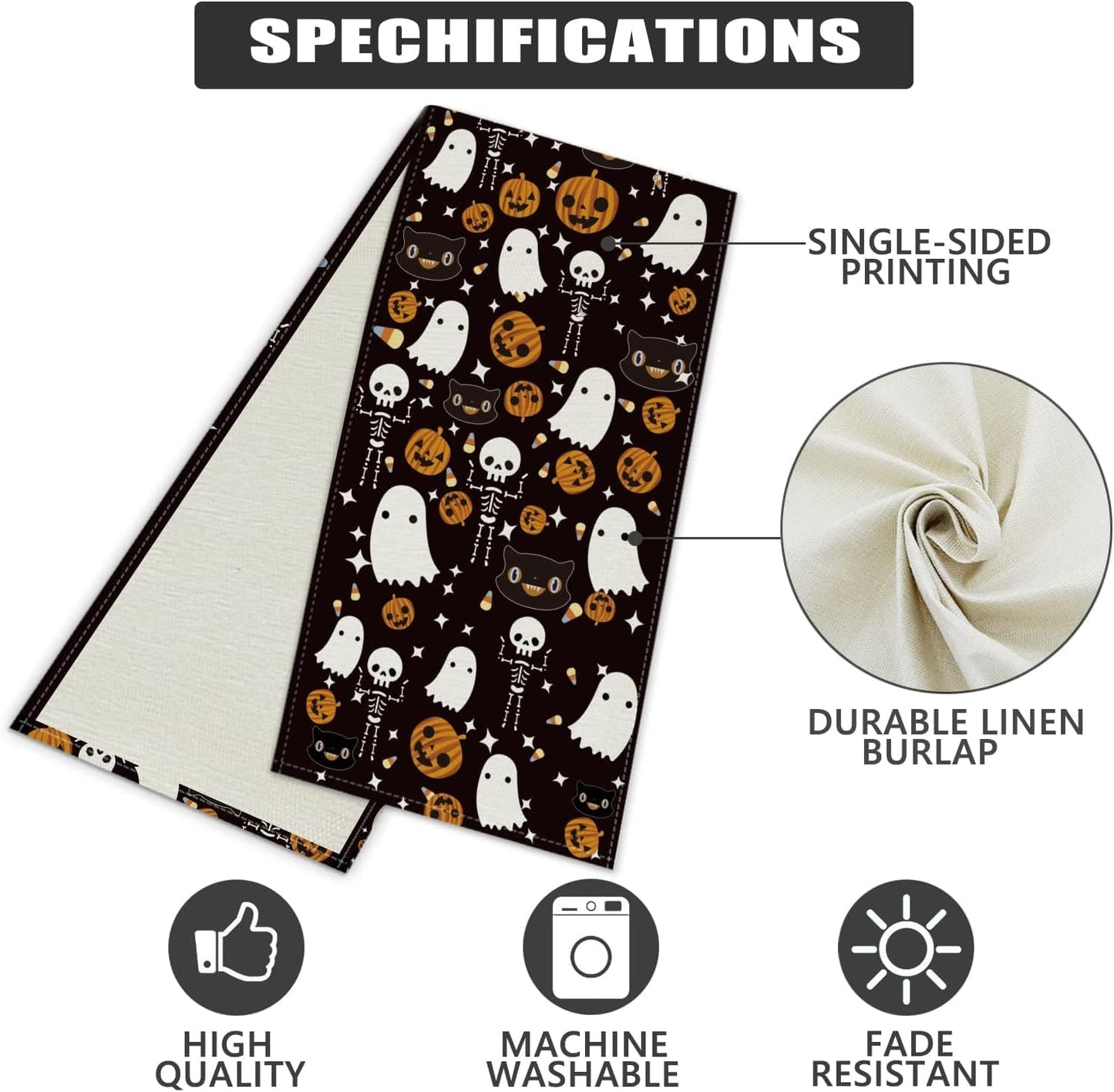 Halloween Table Runner and Placemats Set of 5, Halloween Ghost Funny Black Linen Seasonal Kitchen Dining Table Home Outdoor Party Decorations 13x72 Inch