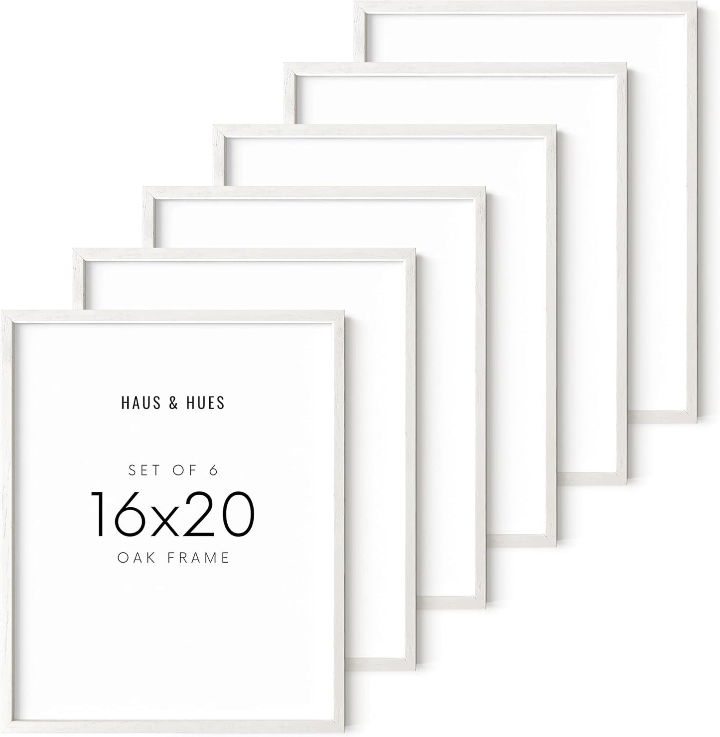 HAUS AND HUES Set of 6 - White Picture Frames Poster Frames for Wall, Wood Frame 16x20 White Frames Gallery Wall, Large Picture Frames (White Oak Frame), 16x20 in