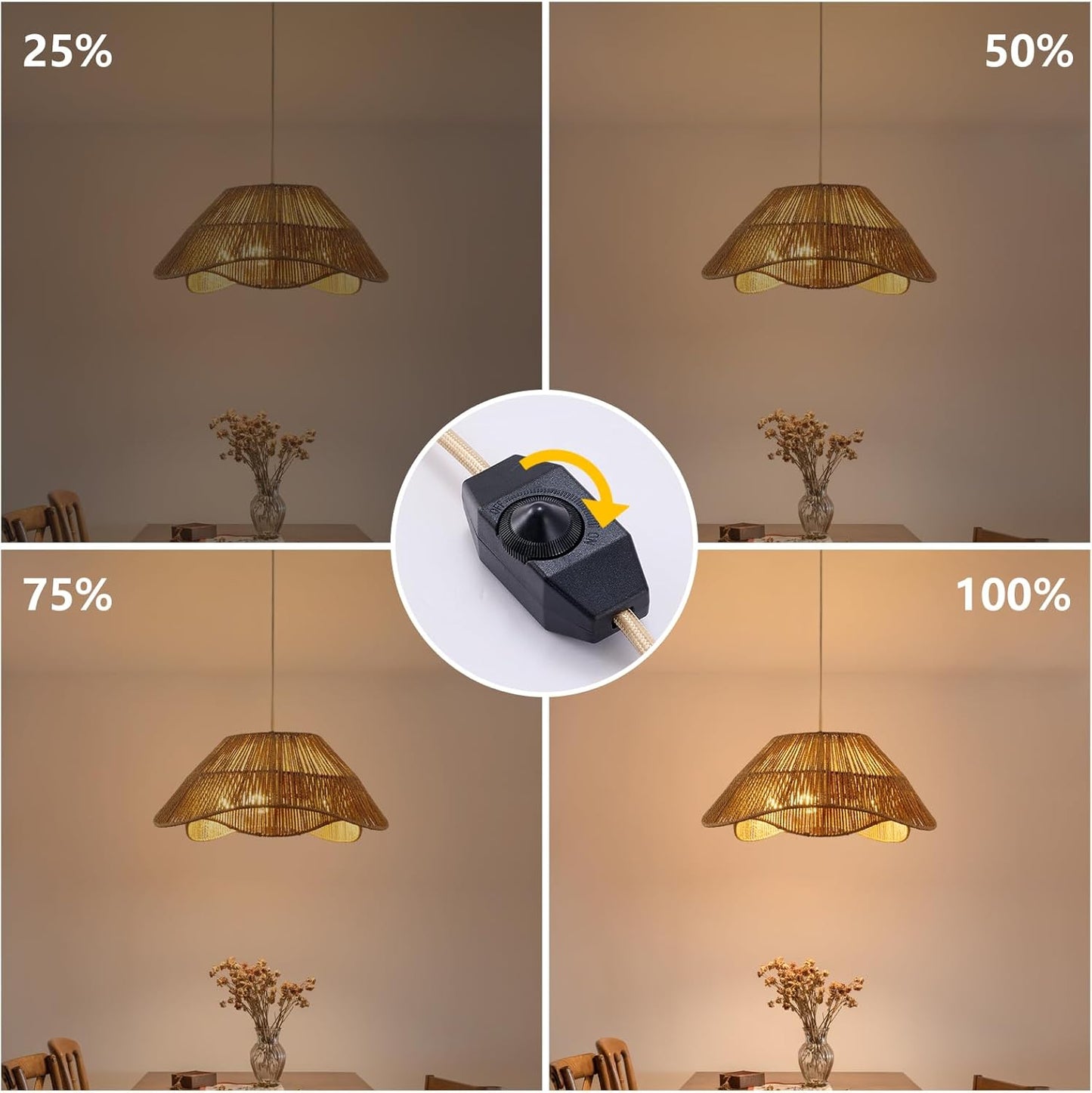 19.68" Plug in Pendant Light, 3-Light Rattan Hanging Lights with Plug in Cord, Boho Plug in Hanging Ceiling Light Fixture with Dimmable Switch, Hand Woven Wicker Hanging Lamp for Dining Room