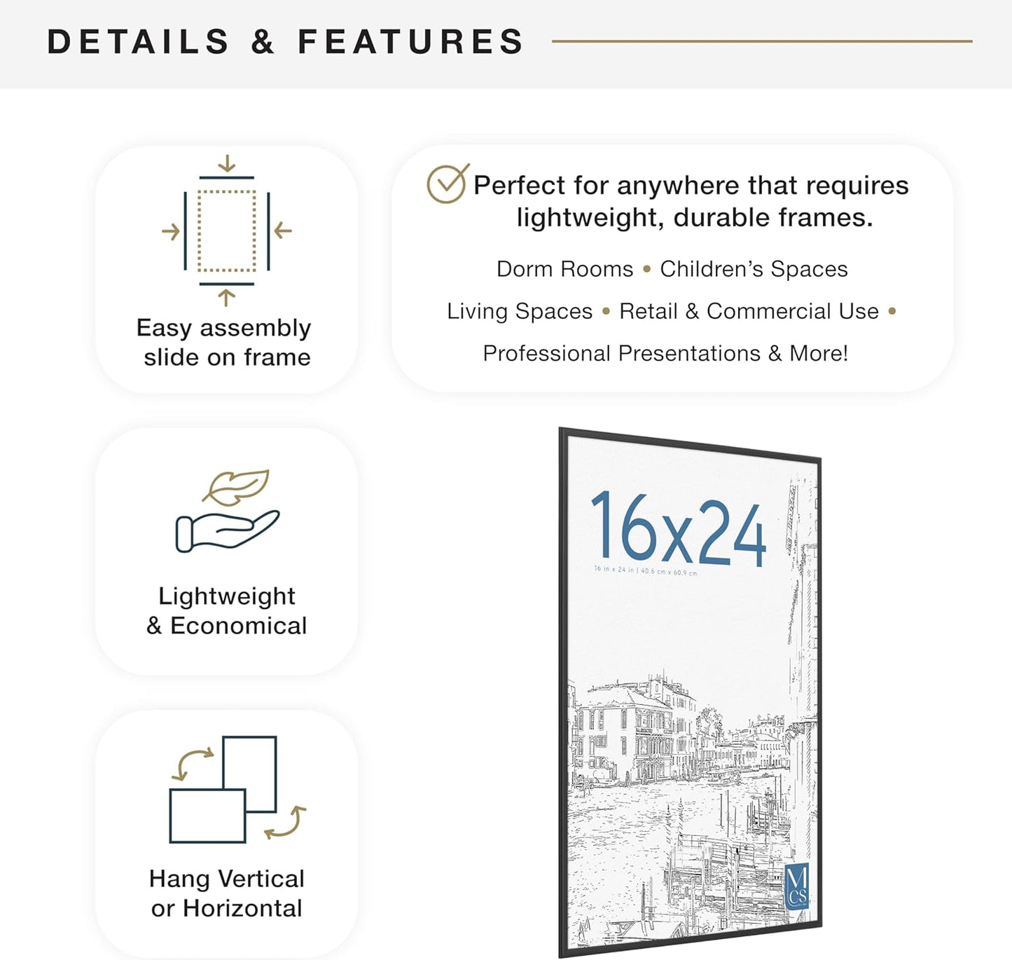 MCS Original Poster Frame 16x24 Black Lightweight Vertical & Horizontal Wall Hanging Large Picture Frame for Posters, Art Prints & Gallery Wall (3-Pack)