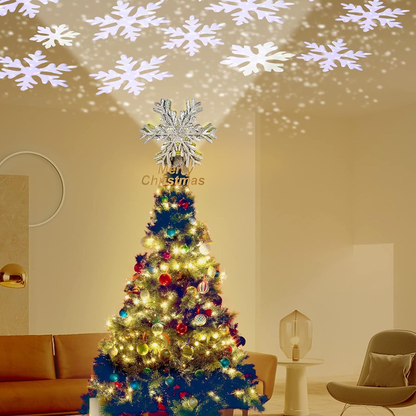 Christmas Tree Topper Lighted with Snowflake Projector, LED Rotating 3D Glitter Tree Topper for Christmas Tree, Christmas Decorations Lights (Silver)