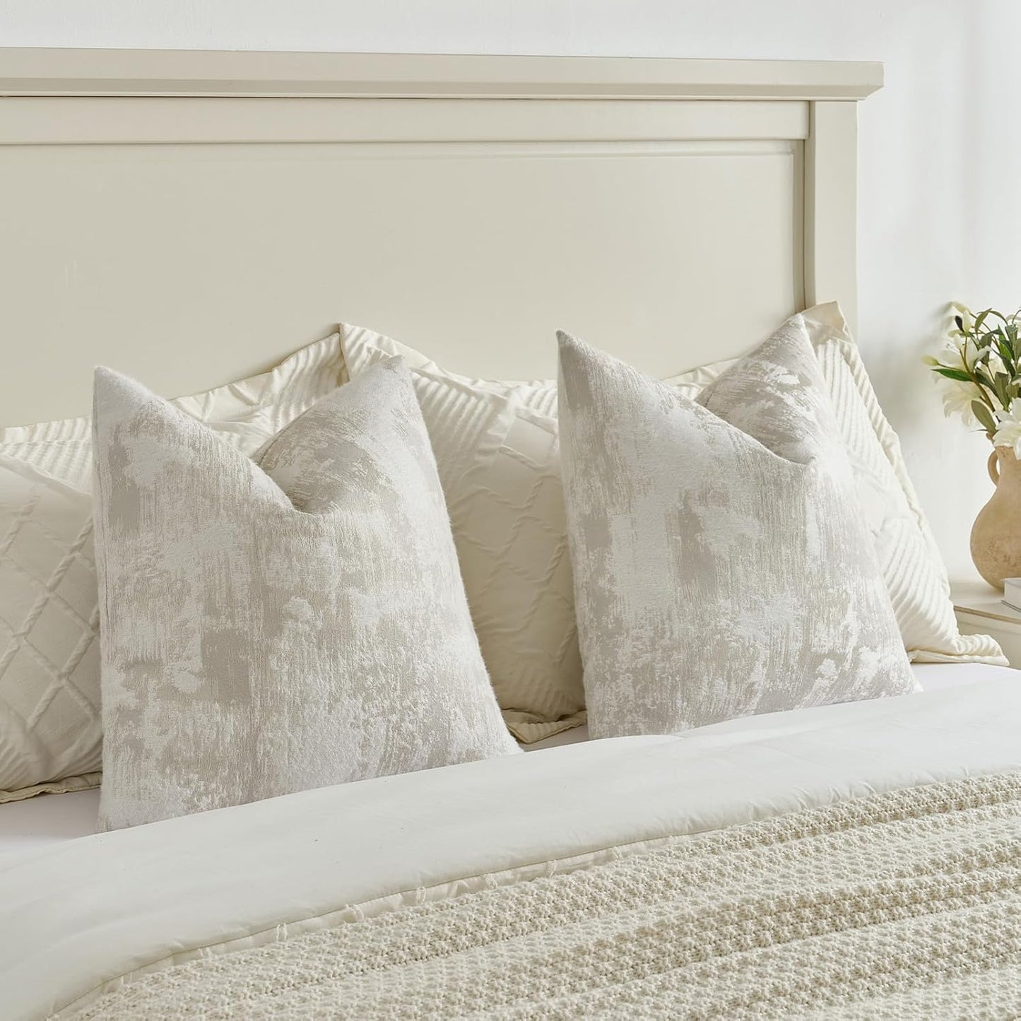 FUTEI Beige White Decorative Throw Pillow Covers 24x24 Inch Set of 2,Soft Faux Cashmere Jacquard - Textured & Cozy Euro Pillow Shams,Modern Home Decor for Couch Bed Living Room