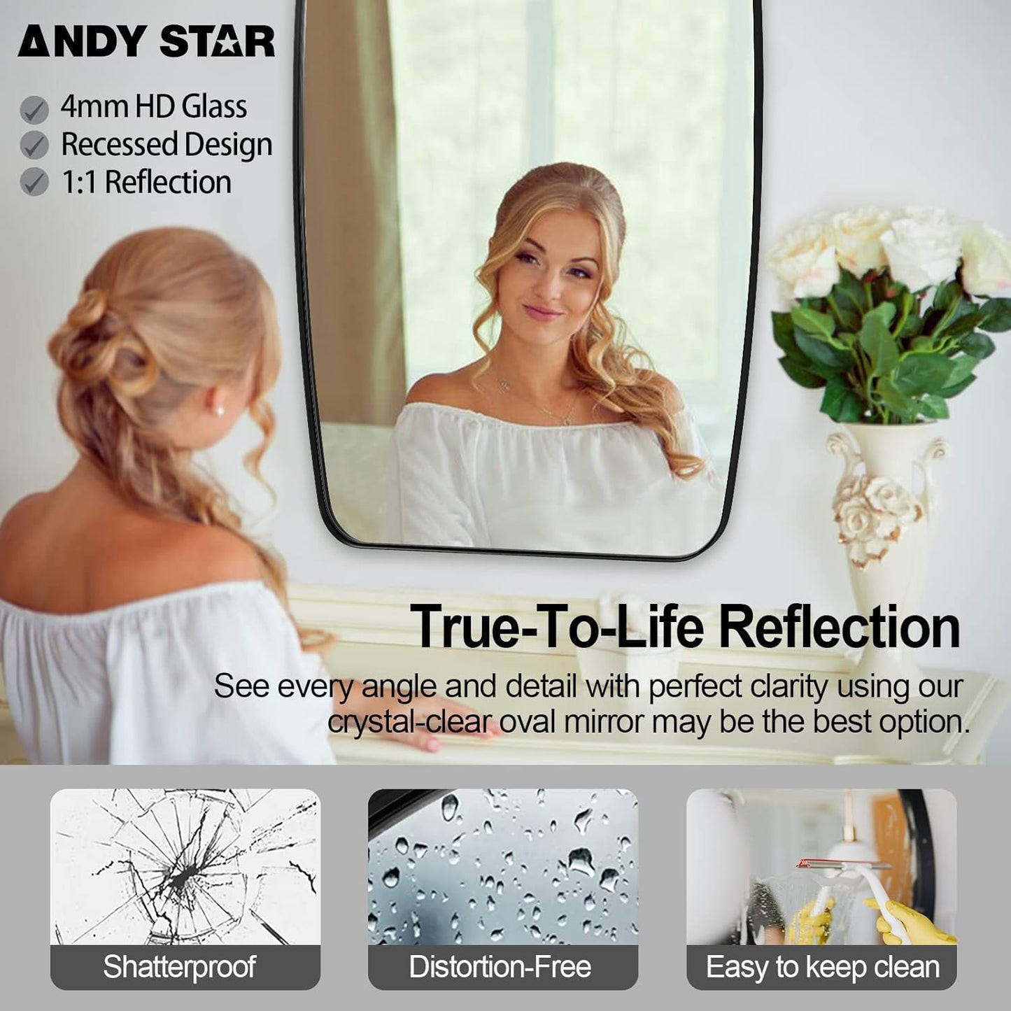 ANDY STAR Black Mirror for Bathroom, 28x36 Inch Stainless Steel Metal Frame Oblong Bathroom Mirror for Vanity, 1’’ Deep Wall Mounted Vertically/Horizontal