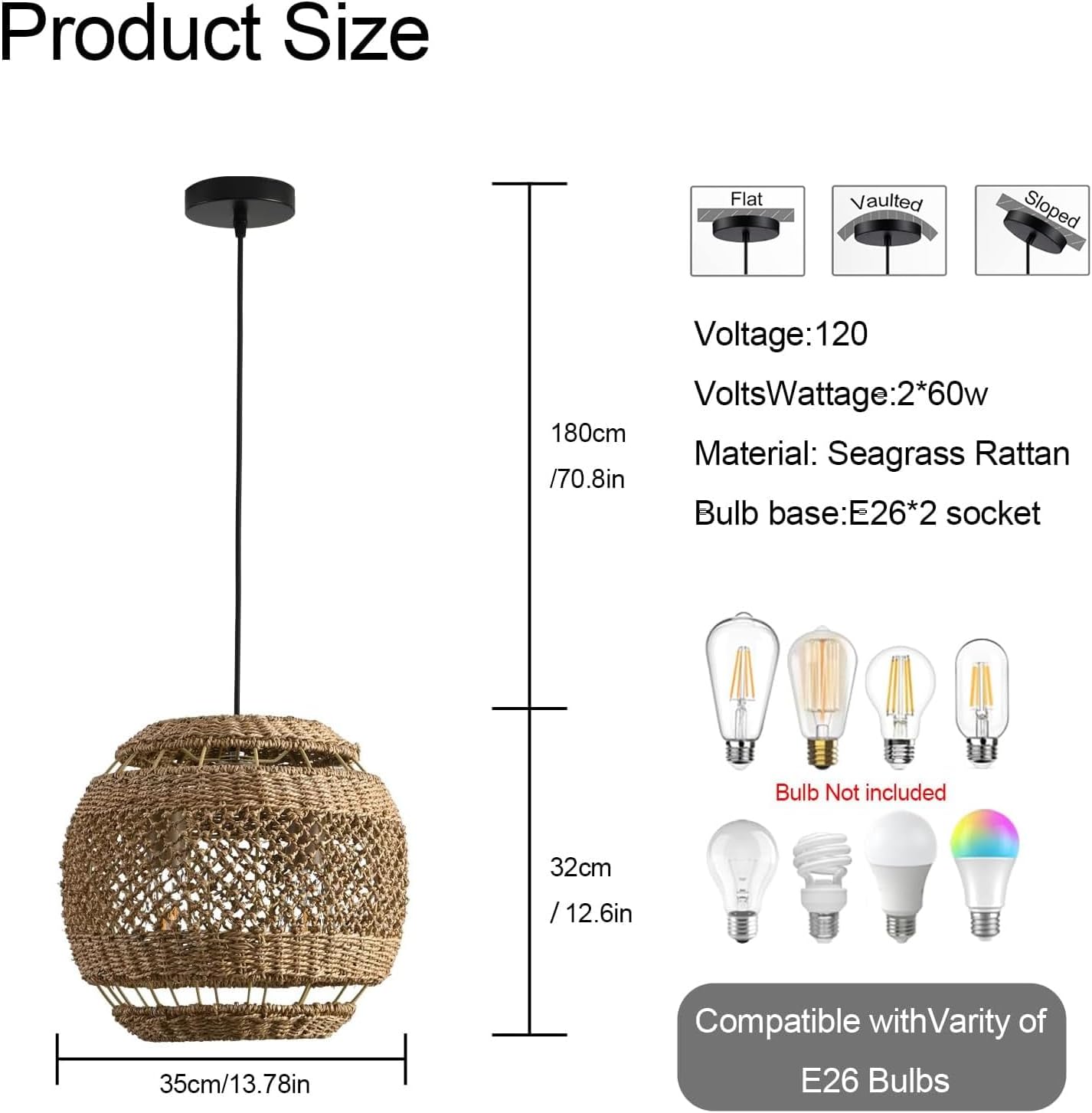 Rattan Pendant Light 13.78" Boho Wicker Seagrass Pendant Light 2-Light Hand Woven Water Plants Rattan Chandelier for Dining Living Bedroom Kitchen Farmhouse