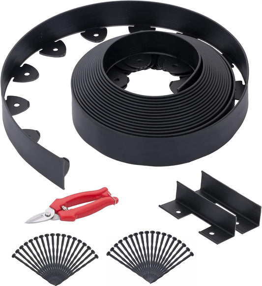 Landscape Edging, 40' 4" Tall Garden Edging with Scissors, Lawn Edging with 36 Garden Spikes and 2 Connectors, Heavy Duty PP&PE Material Edging for Landscaping, Garden, Lawn, Black