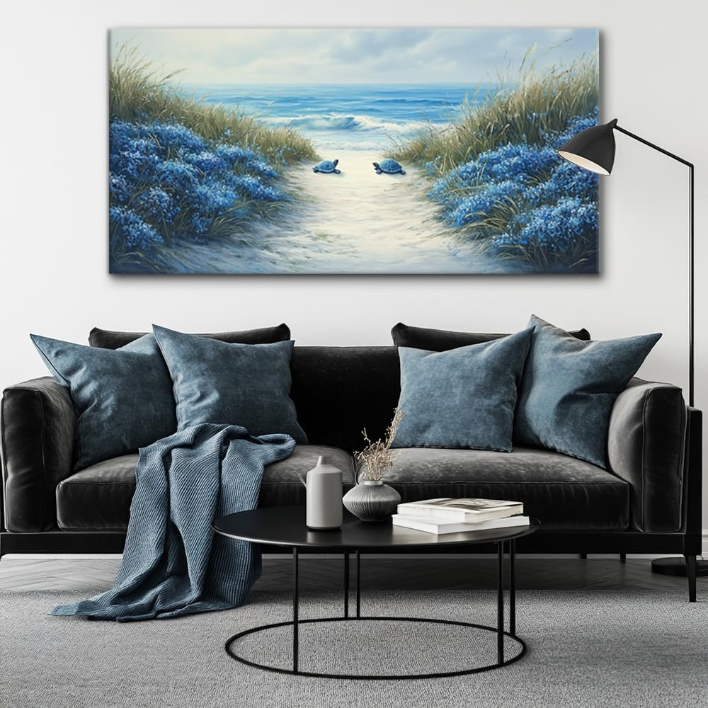 LASMOND Romantic Beach Wall Art for Living Room Blue Sea Turtle Lovers Canvas Painting Prints Ocean Sandy Romance Flowers Large Bedroom Office Decor Artwork (58x28 Inches)