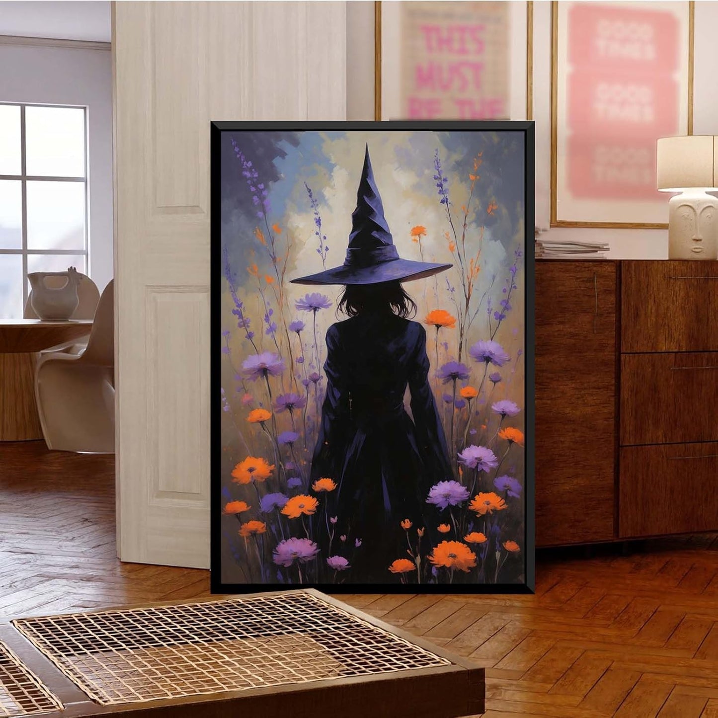 JFHCQJPK Country wildflower witch canvas print halloween mashup art witch purple decoration bohemian elegant art poster24x36in Metal blackFramed
