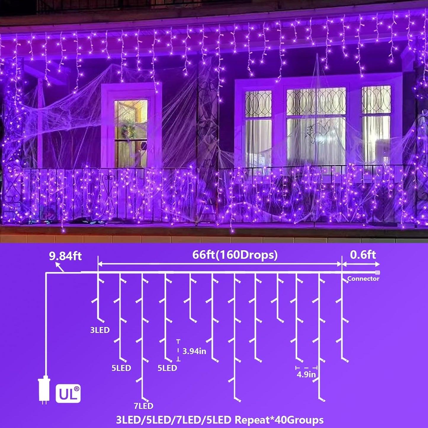 YEGUO 66ft 800 LED Purple Icicle Halloween Lights Outdoor Waterproof, 160 Drops Icicle Light Connectable, 8 Modes Christmas Lights with Memory Timer