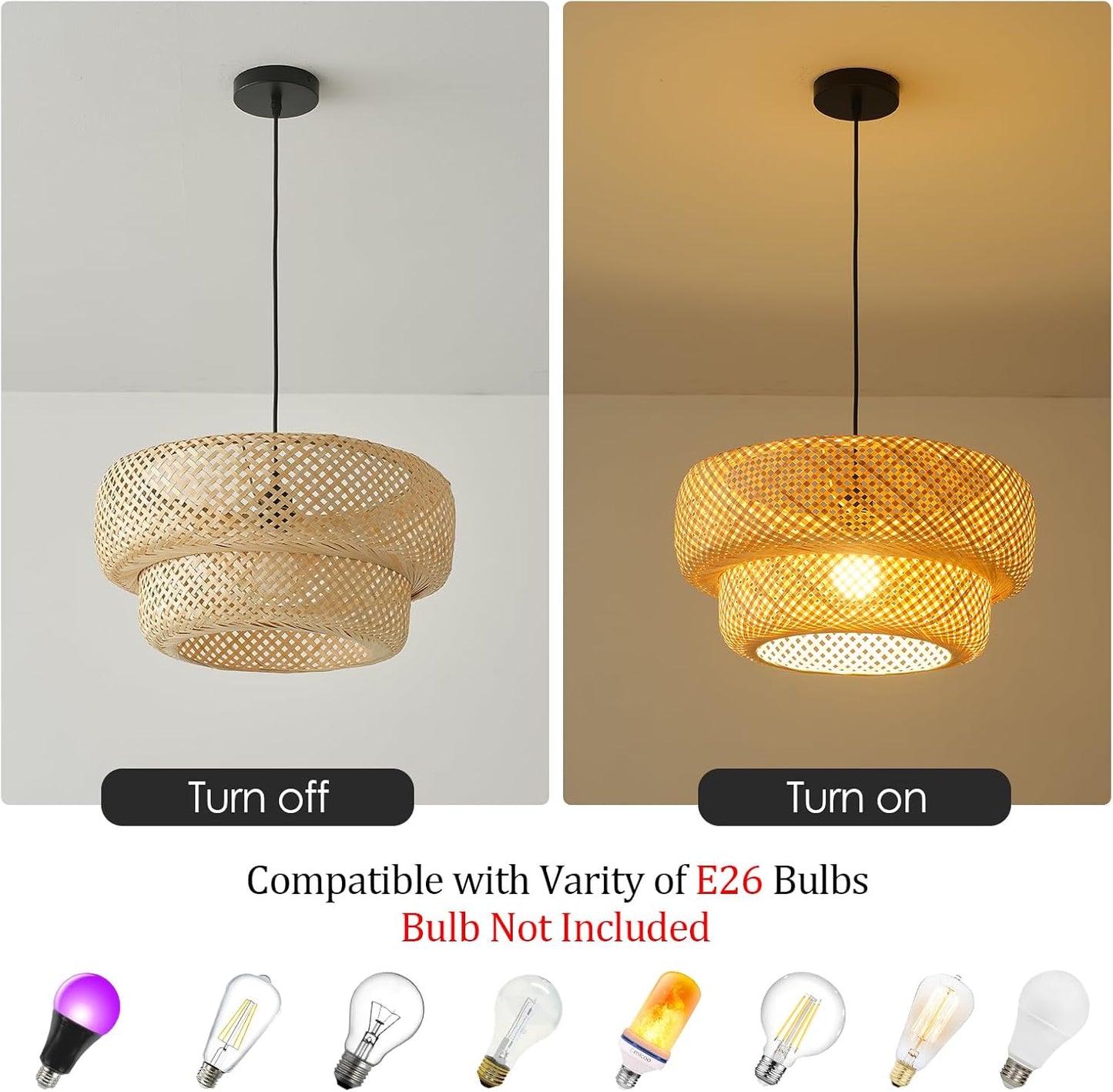 Bamboo Pendant Light Boho Rattan Hanging Light 17.7" Hand Woven Wicker Chandelier for Kitchen Island for Kitchen Island Dining Bedroom Living Room Restaurants