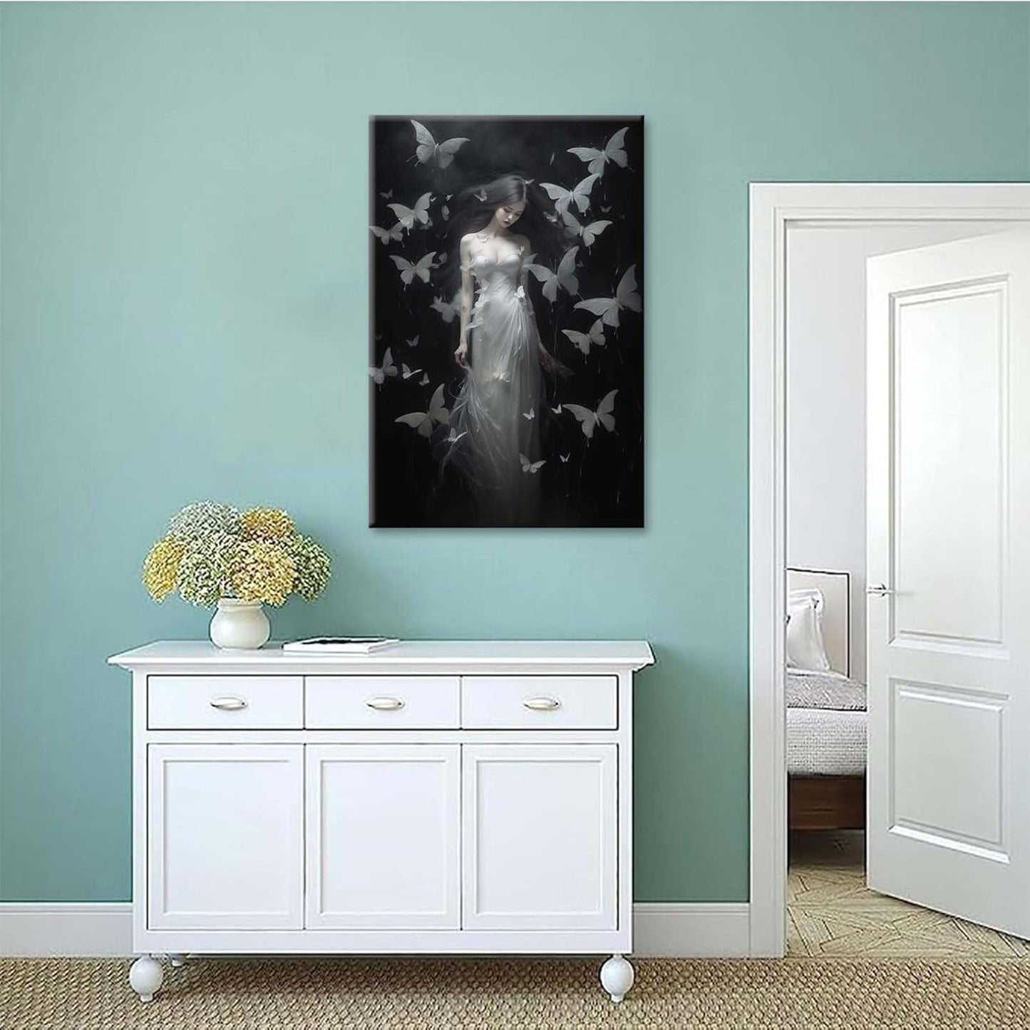 Vintage Gothic Feminine Canvas Wall Art Print Butterfly Poster Moody Female Wall Art Retro Artwork Dark College Decor for Home Bedroom28x40in Wood Framed