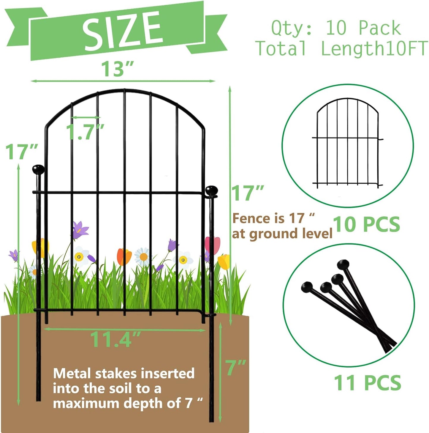 Decorative Garden Fence 17in x18ft, 18 Pack Rustproof Metal No Dig Fence Animal Barrier for Dog, Arched Flower Bed Edging Ornamental Wire Border Panel Fencing for Yard Patio Outdoor Decor
