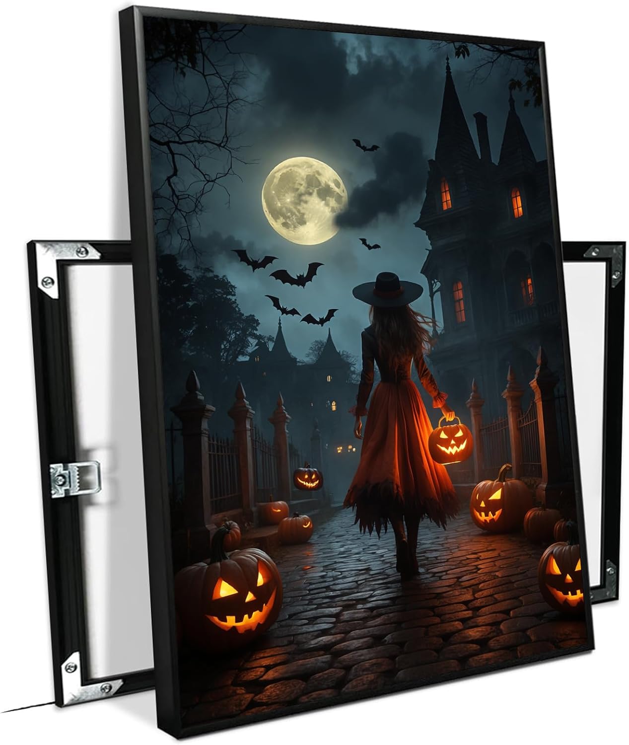 JFHCQJPK Halloween theme poster moonlit autumn night witch vintage poster art print dark college style gothic painting canvas wall decoration bedroom living room ideal gift16x24in Metal blackFramed