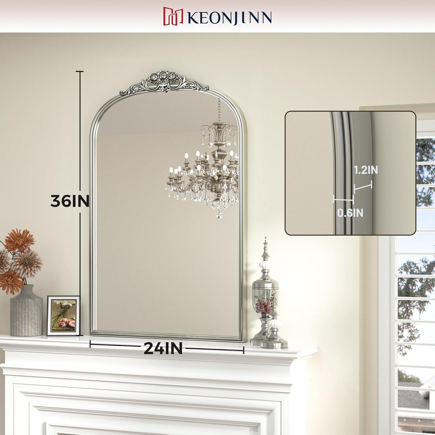 Keonjinn Vintage Mirror 24" x 36", Antique Mirrors for Wall Decor, Silver Arched Decorative Mirror for Mantle, Hallway, Living Room, Fireplace, Bedroom, Bathroom Mirror with French Cleat Mounting