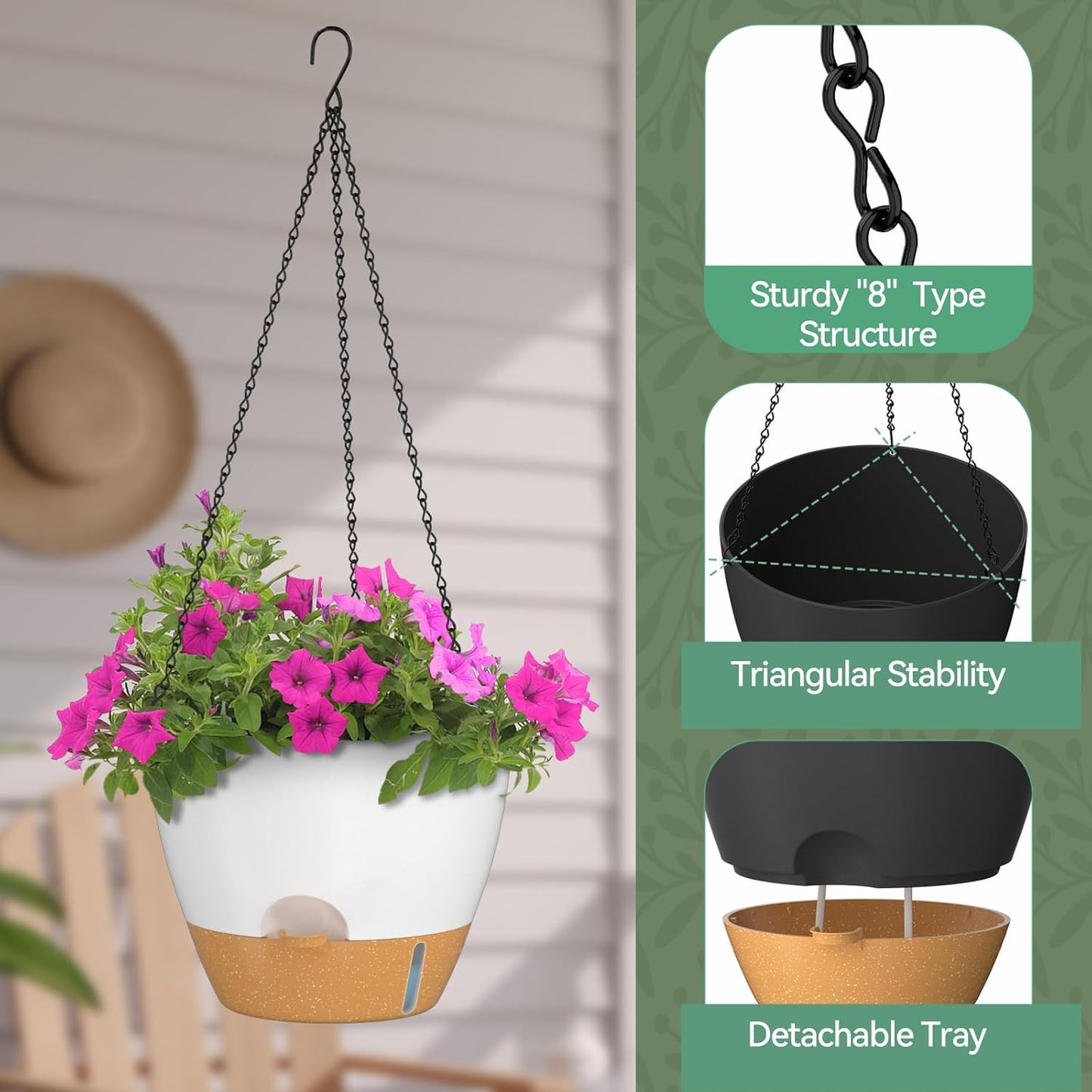 ZMTECH 12 Inch Hanging Planters for Indoor Outdoor Plants, 2 Pack Self Watering Hanging Plant Pots with Drainage Hole, Visual Reservoir, Plastic Flower Hanging Pots with Watering Lip (White)