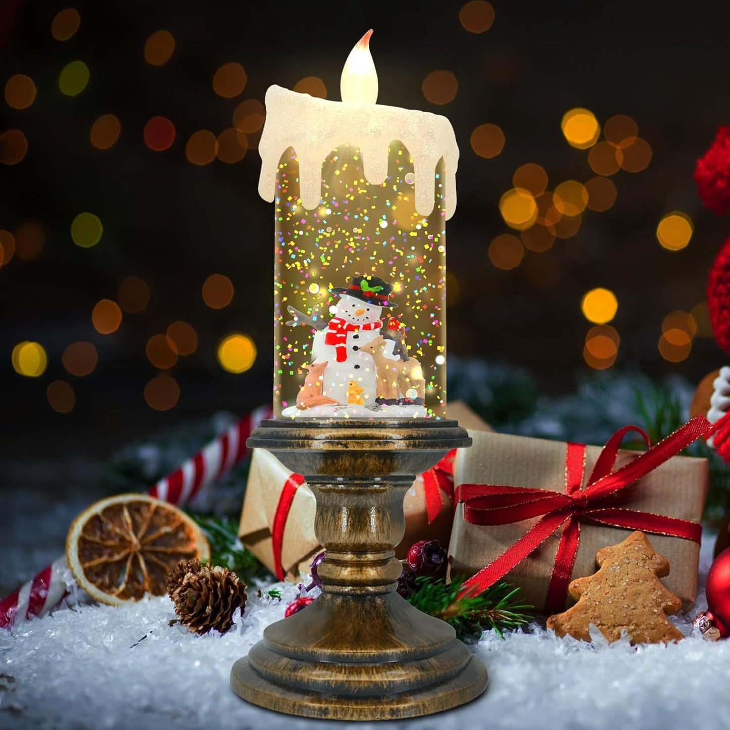 Christmas Flameless Candles, Flickering Flameless Candles with Timer, LED Candles Battery Operated, Snow Globe Candle Light for Christmas Decorations