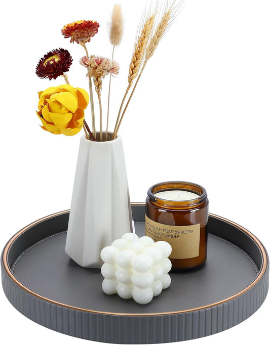 KINGFOM Decorative Serving Tray, PU Leather Valet Nightstand Desk Organizer for Men Women, Round Tray Decor for Coffee Table/Home Decor, Modern Decorative, Centerpiece (Gray)