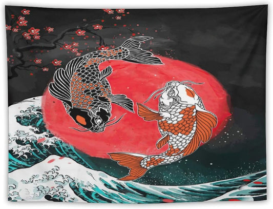 Houselerax Koi Fish Tapestries,Japanese Style Yin Yang Big Wave Cherry Blossoms Tapestry Wall Hanging for Bedroom Living Room Office Decor 60"x40"