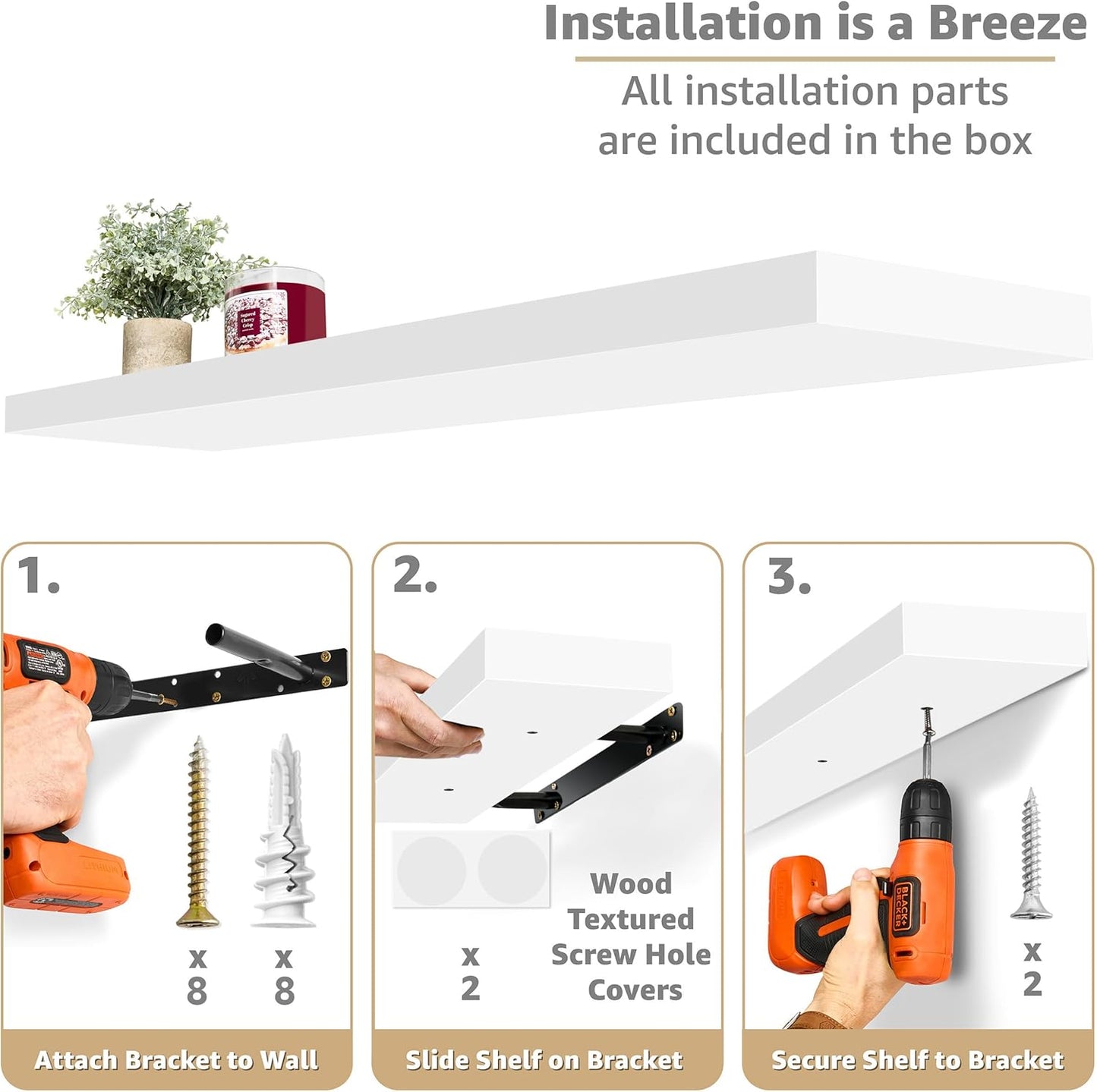 Sorbus Floating Shelves for Wall - 35 Inch Long Bathroom Shelves, Wall Decor for Bedroom, Kitchen, Living Room & Book Storage - Mounted Floating Shelf with Invisible Brackets (White, 3 Pack)