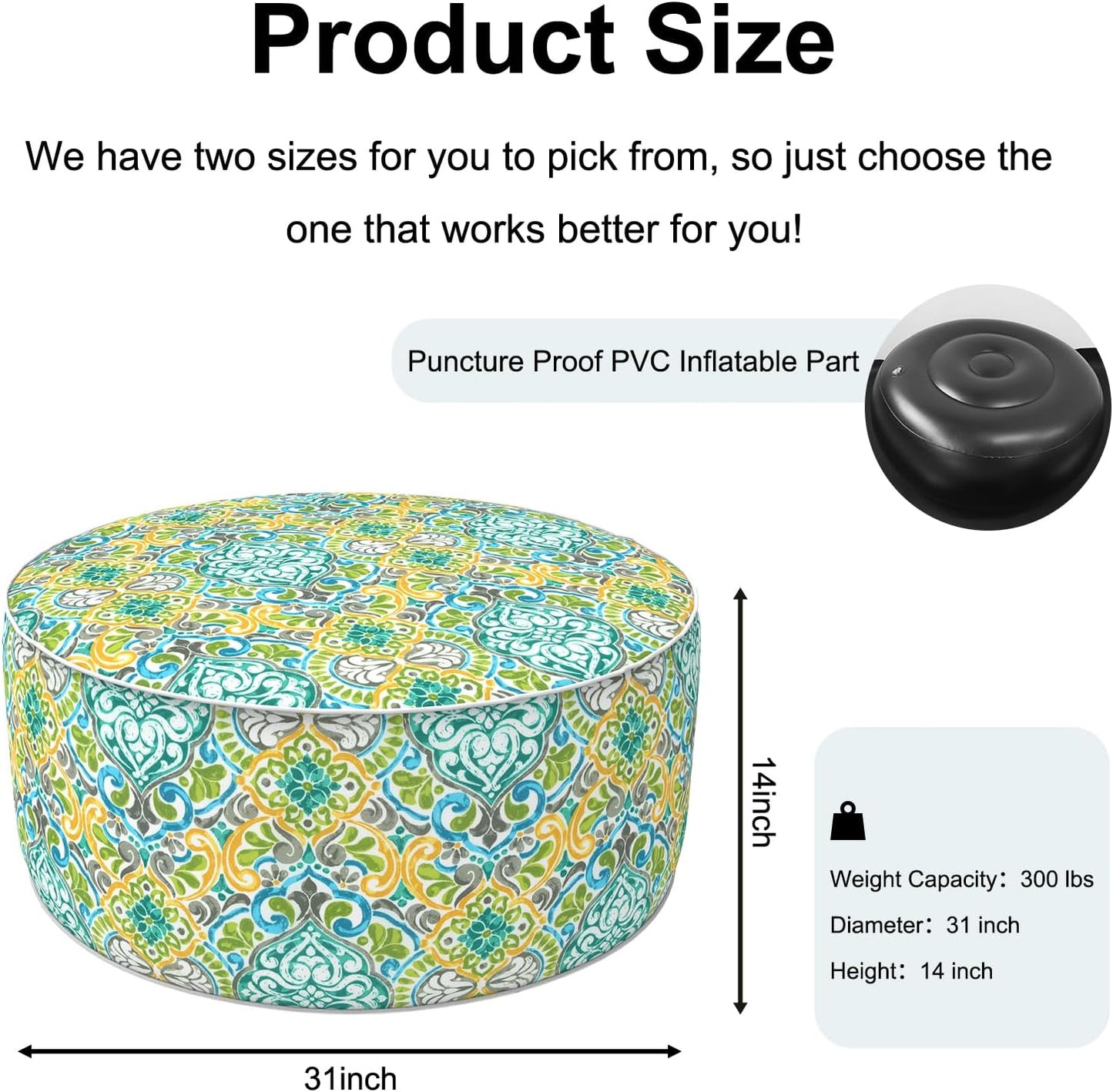 Inflatable Ottoman Stool D31 xH14 for Outdoor/Indoor Use, Water Repellent Patio Foot Rest Stool with Portable Handle,Round Pouf Ottoman Suitable for Garden,Deck and Camping - Damask Green