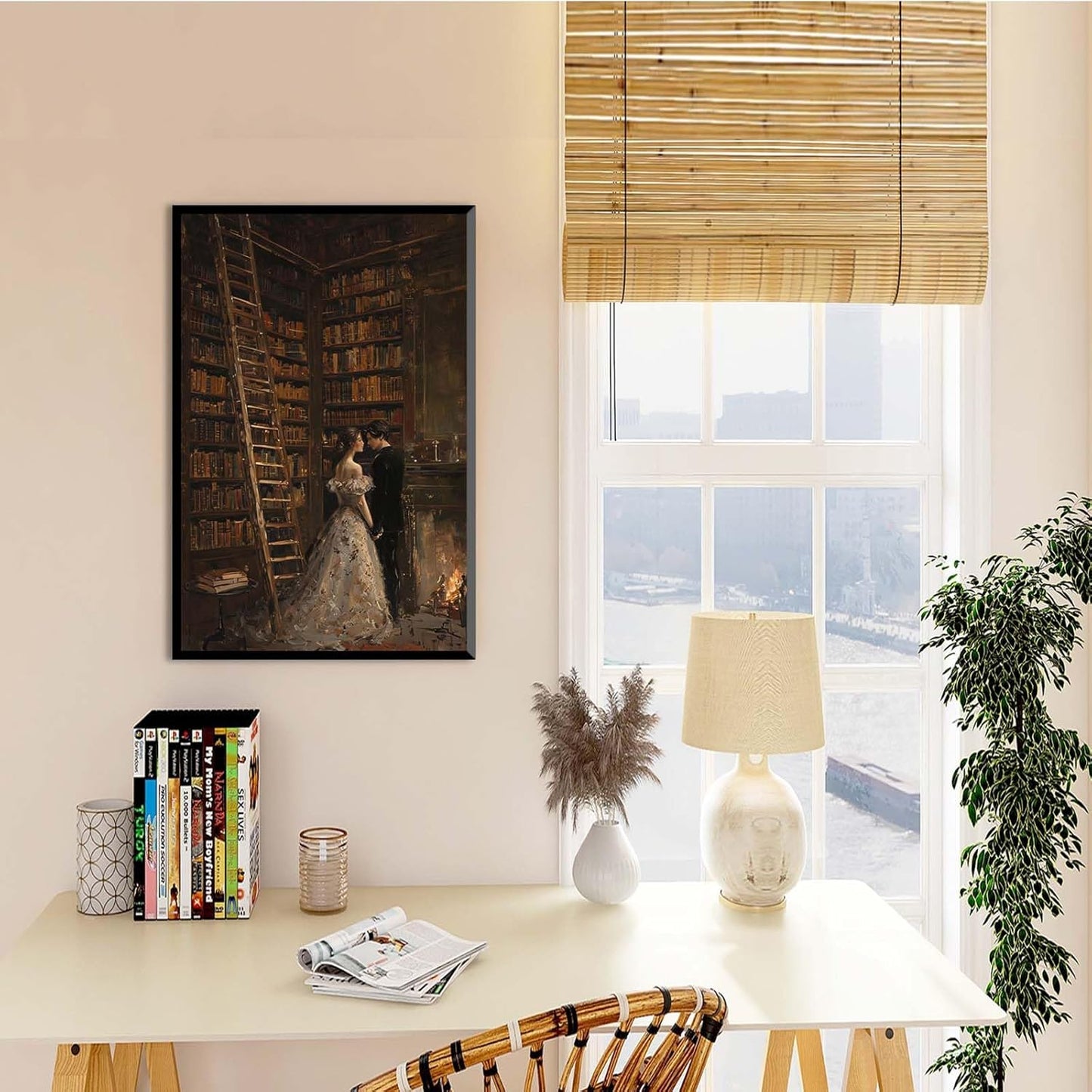 JFHCQJPK Gothic retro library scene decoration melancholy calm art college style wall aesthetic antique style home decoration suitable for bedroom living room12x16in Metal blackFramed