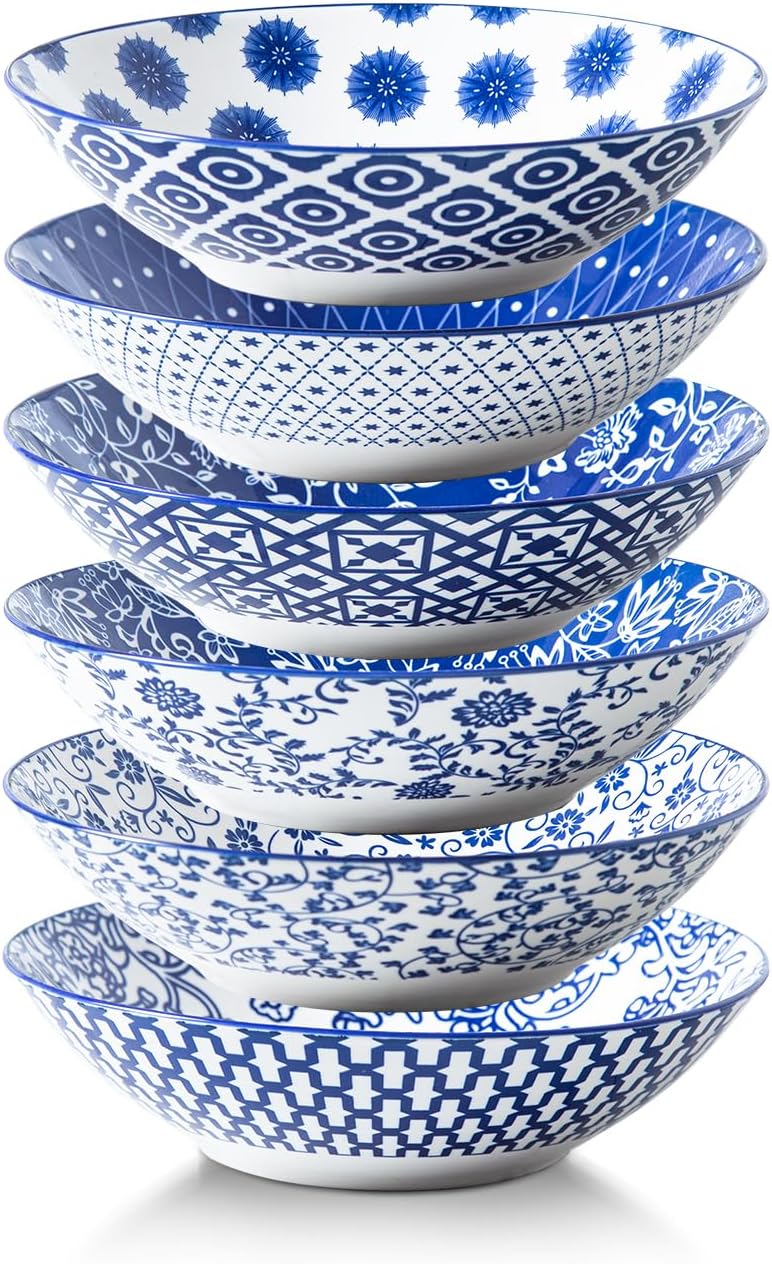 Ceramic Pasta Bowls Set - 40 Oz Porcelain Large Salad Bowls Serving - 9 Inch Wide Shallow Plate Bowls for Eating - Housewarming Wedding Gift - Oven Dishwasher Safe - Set of 6 - Vintage Blue